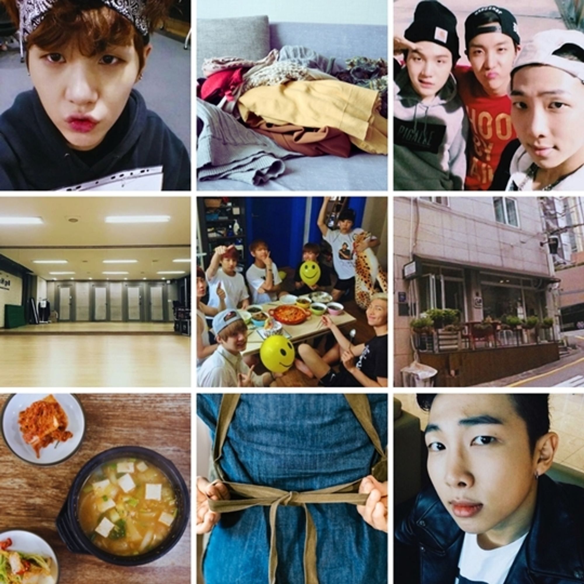 A fic moodboard for 'swear to be overdramatic and true' that includes exterior and interior shots of BTS's old dorm with the blue walls; the first BigHit dance practice room; Yoongi in a paisley headband making a kissy face with one of those big pinned-on name tags on his chest; a couch with a messy pile of clothes on it; rapline standing together looking both tough & very baby; a light brown apron being tied behind someone's back; a bowl of some kind of tofu stew; and a Namjoon selfie from Fall 2013 of him looking pensive and handsome.