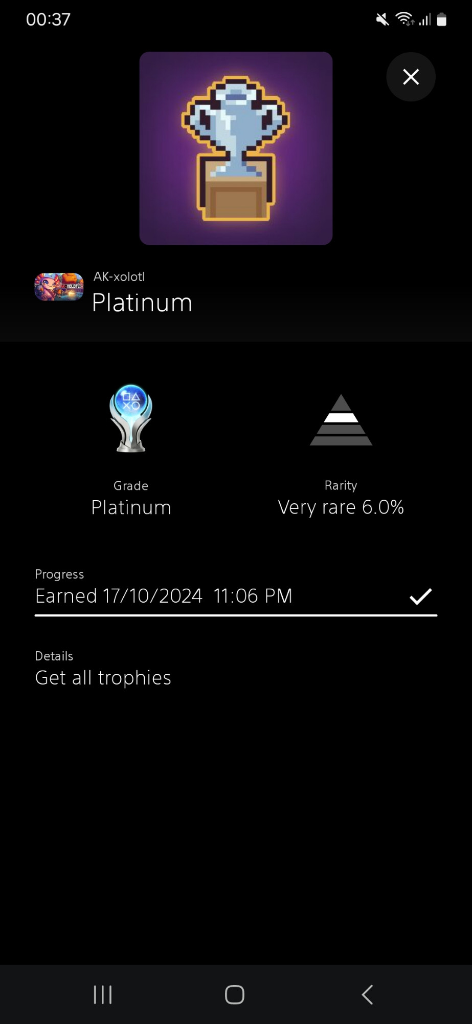 A screenshot of the playstation app showing the platinum trophy for the game ak xolotl 