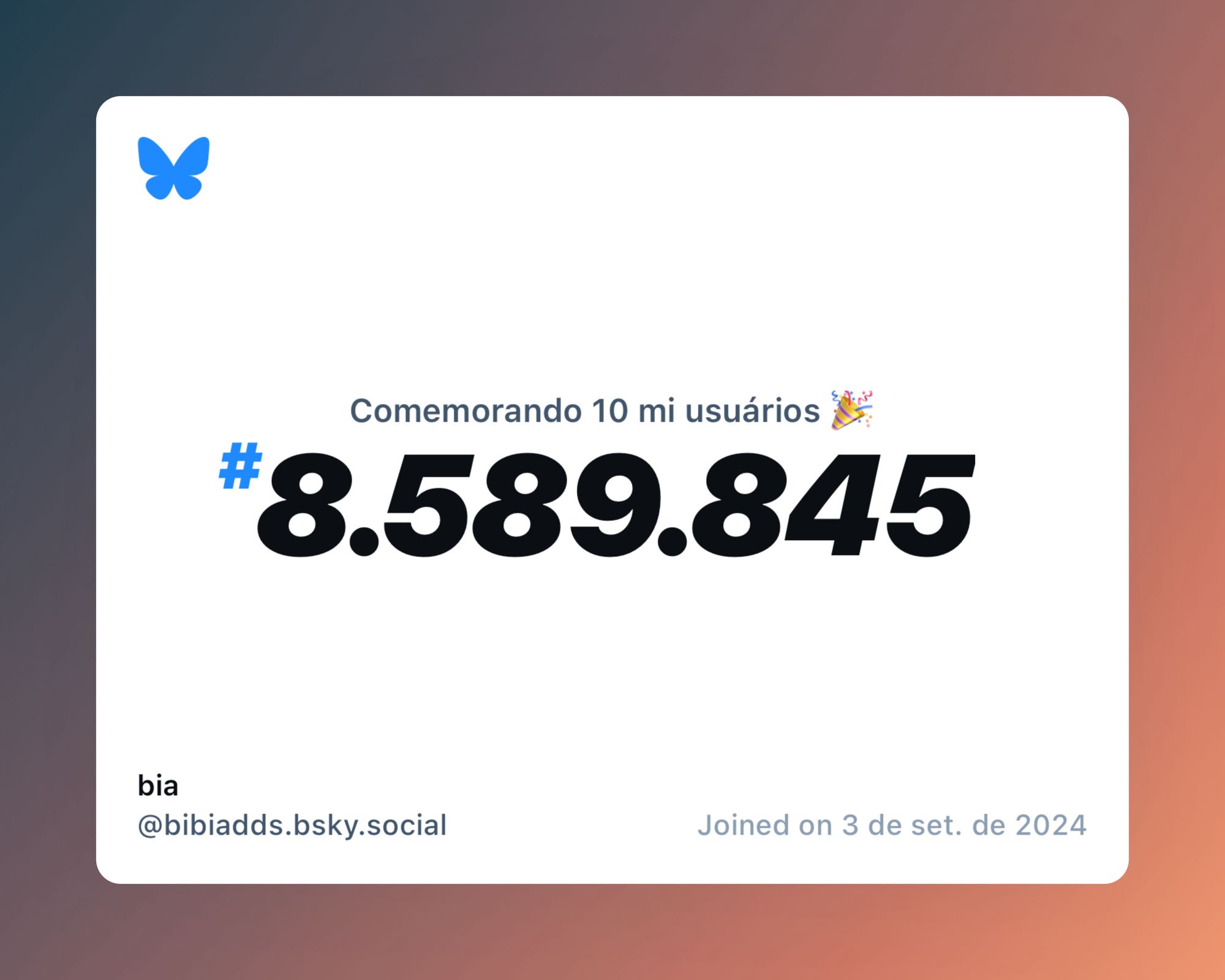 Um certificado virtual com o texto "Comemorando 10 milhões de usuários no Bluesky, #8.589.845, bia ‪@bibiadds.bsky.social‬, ingressou em 3 de set. de 2024"