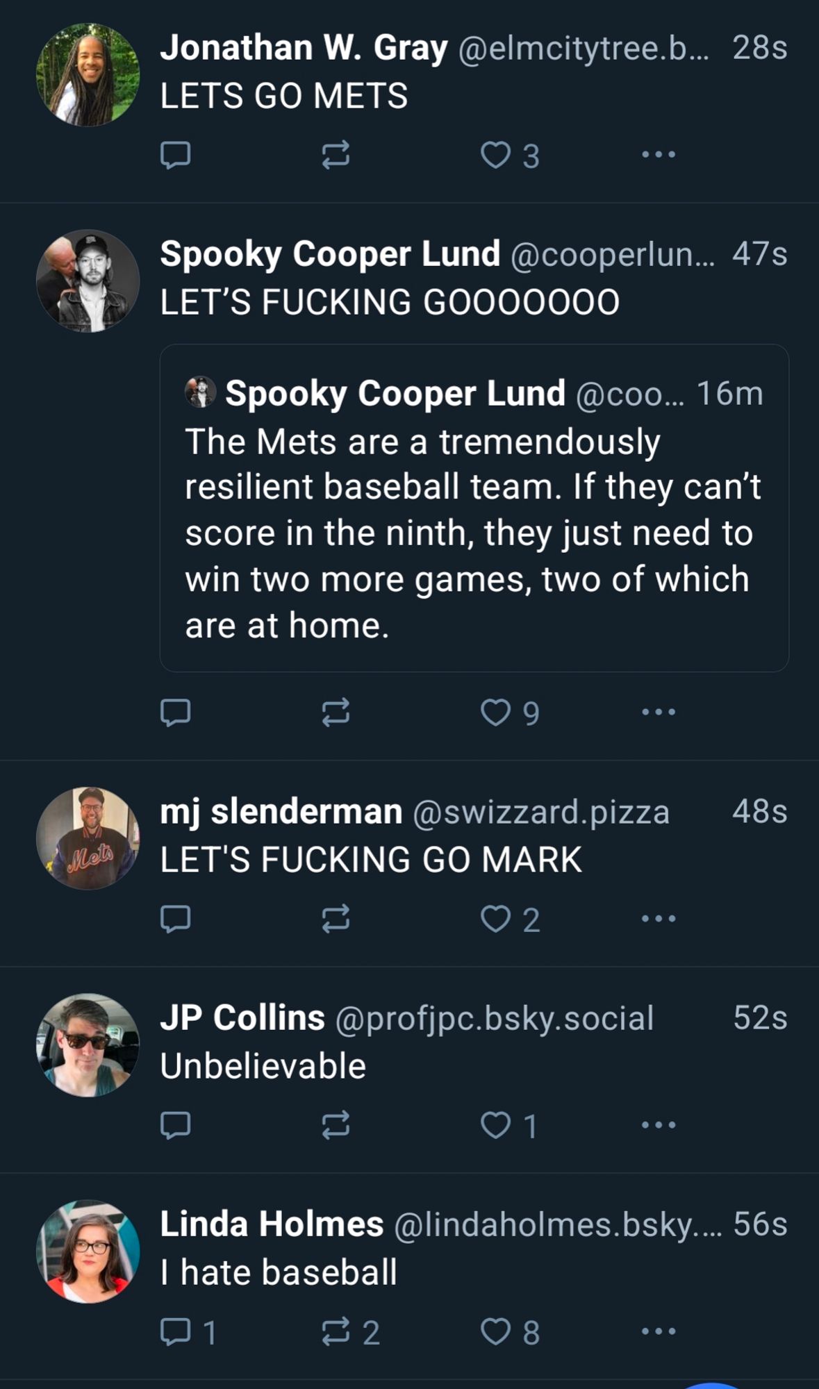 Posts from five different Bluesky users, reading (from top to bottom):

LETS GO METS

LET'S FUCKING GOOOOOOO [quote skeeting a post about Thr Mets]

LET'S FUCKING GO MARK

Unbelievable 

I hate baseball



Editors note: lmao