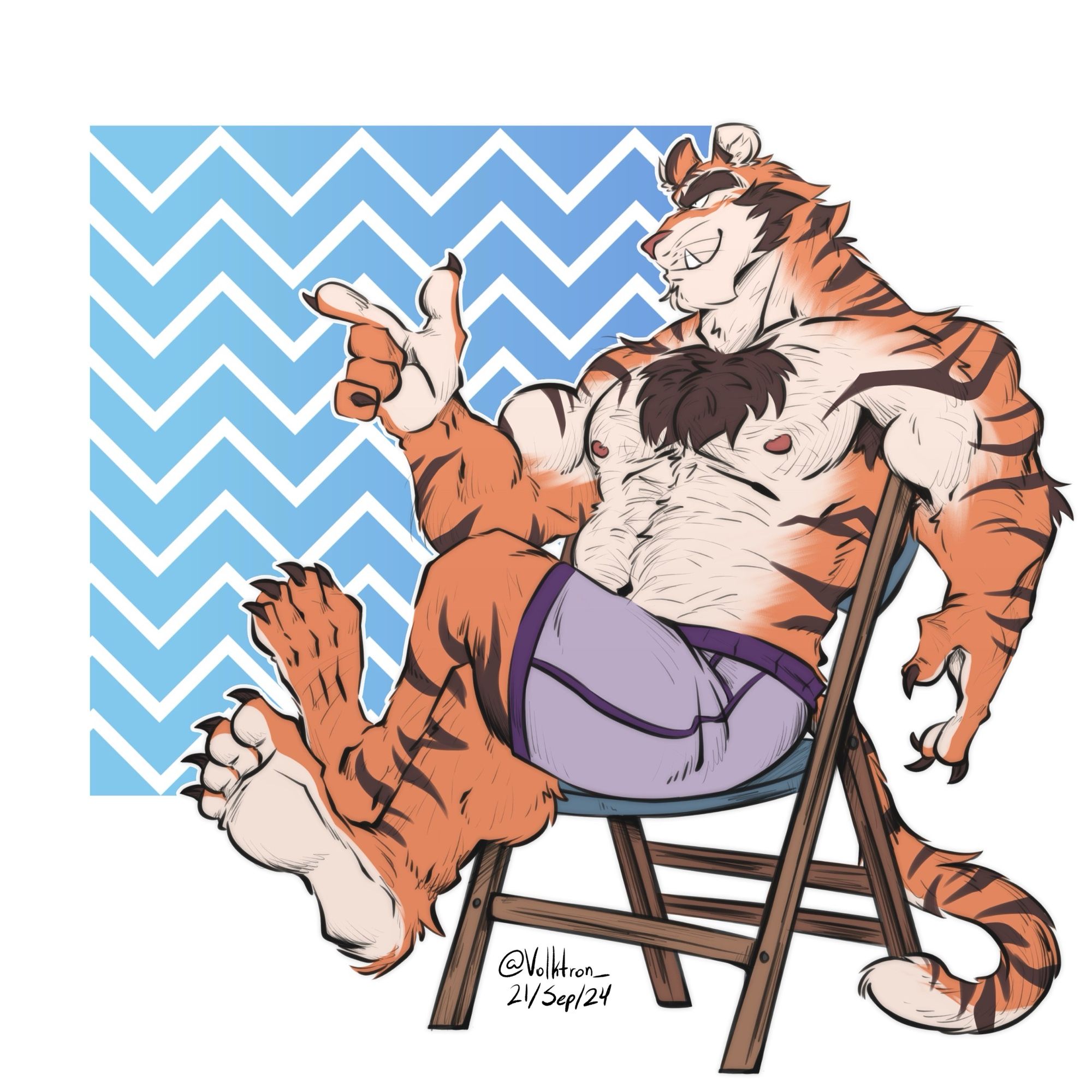 Everest the snow leopard-tiger sits on a chair with his legs crossed, he points his fingers out (Like this 👈🏾) with a smug smile~

#furryart #furryoc #furrycommission