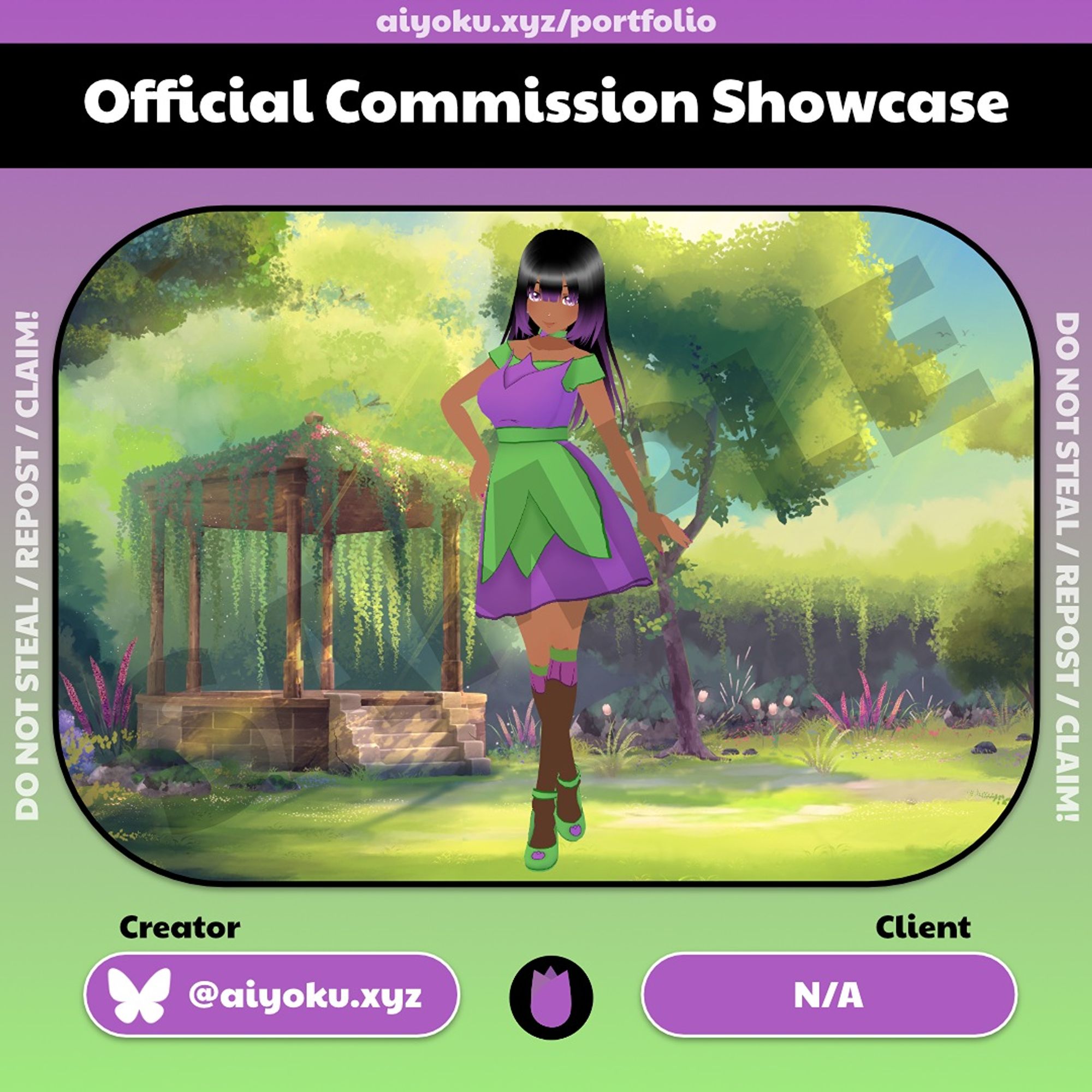 This is a promotional graphic titled "Official Commission Showcase". A link to Aiyoku's portfolio directory is shown right above the black title bar.

Center image is a photo of her temporary 2.0 VRoid model striking a pose in the middle of a gazebo garden.

Creator: @aiyoku.xyz on Bluesky
Client: N/A

On both sides of the center image are white faded text that reads: Do not repost / steal / claim!