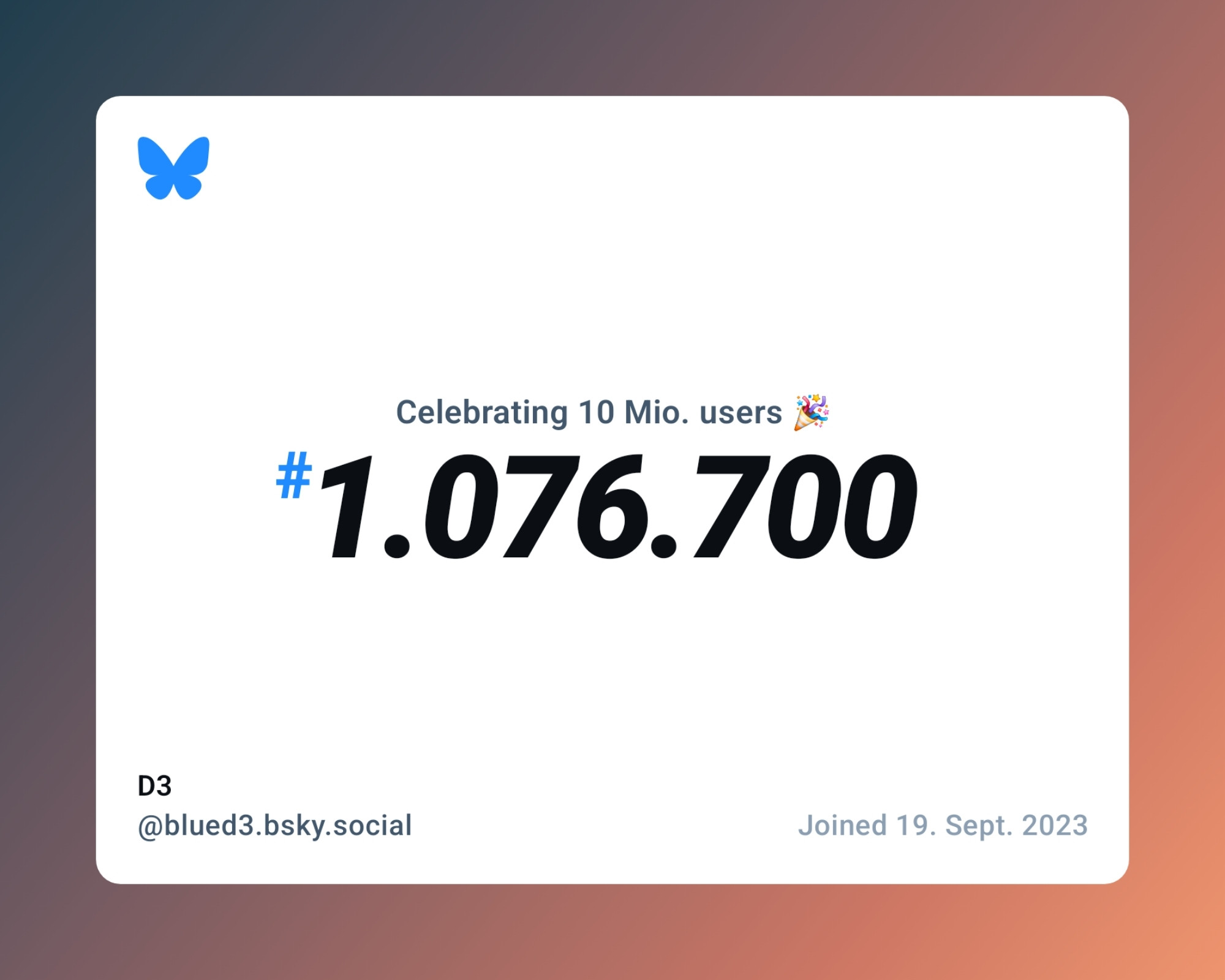 White box with bluesky logo in the top left corner displaying the text "Celebrating 10 Mio. users #1.076.700" in the center.