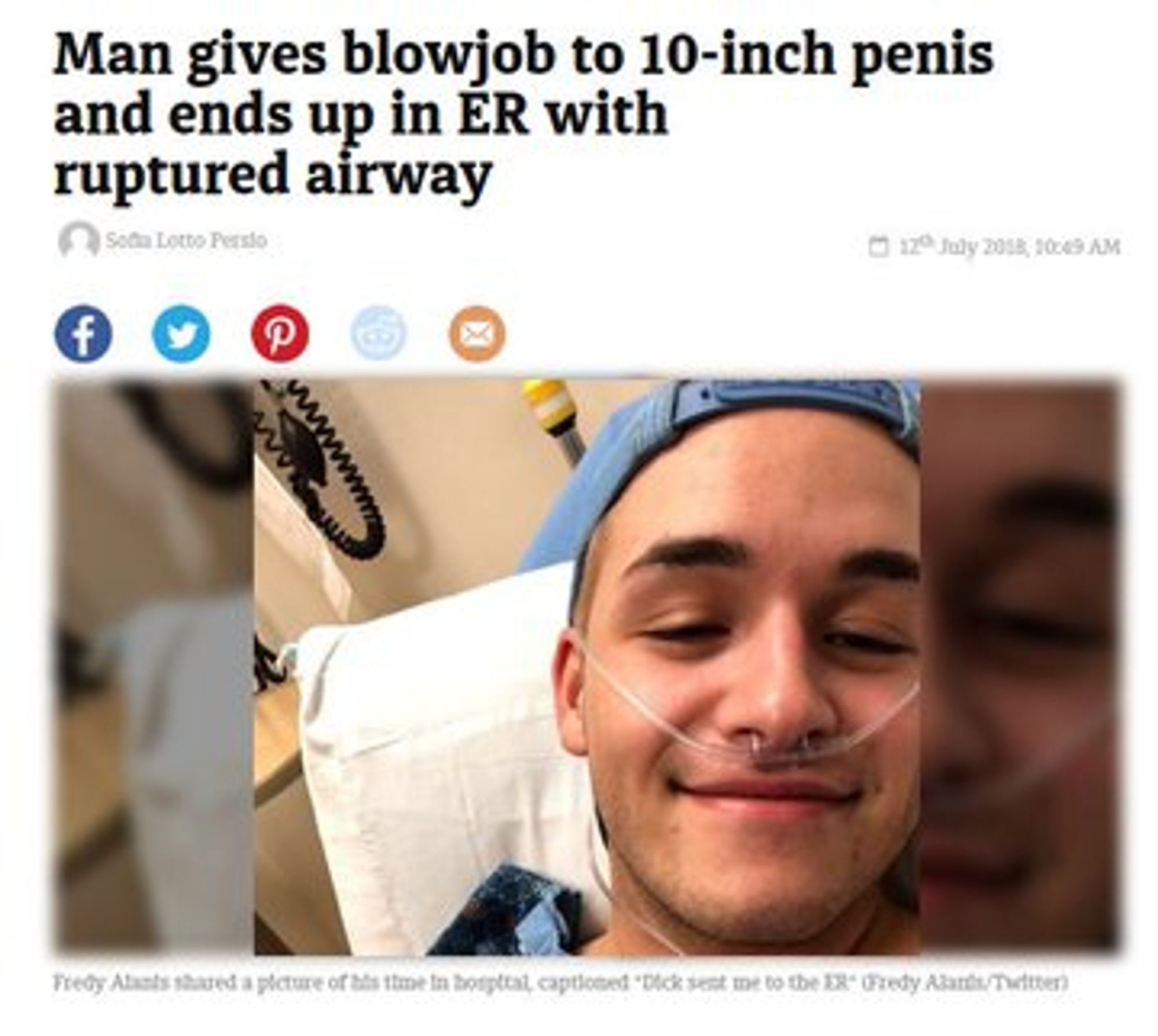 headline reading man gives blowjob to 10 inch penis and ends up in the ER with a ruptured airway featuring an image of a very jolly looking fella