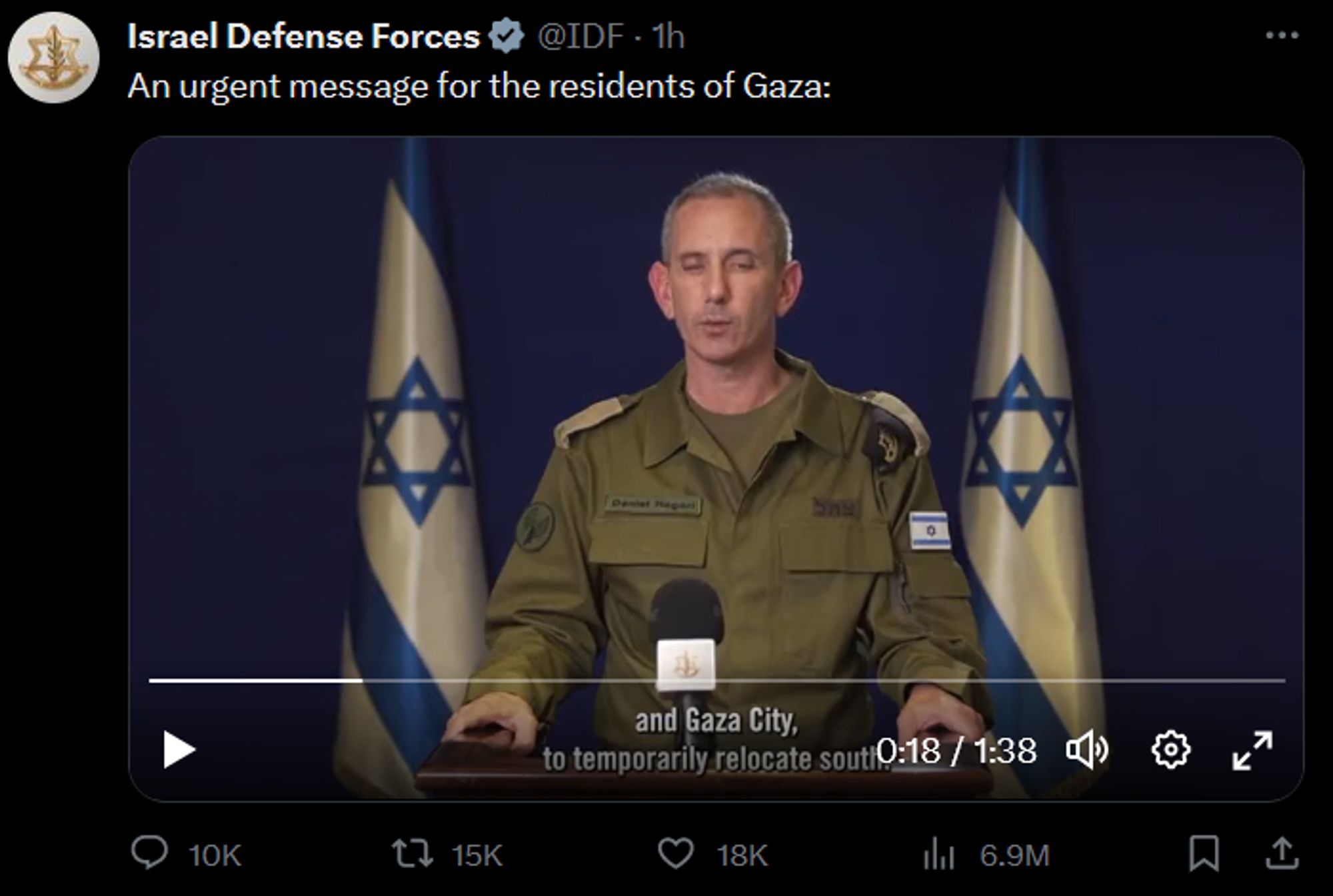 IDF tweet urging palestinians to flee south