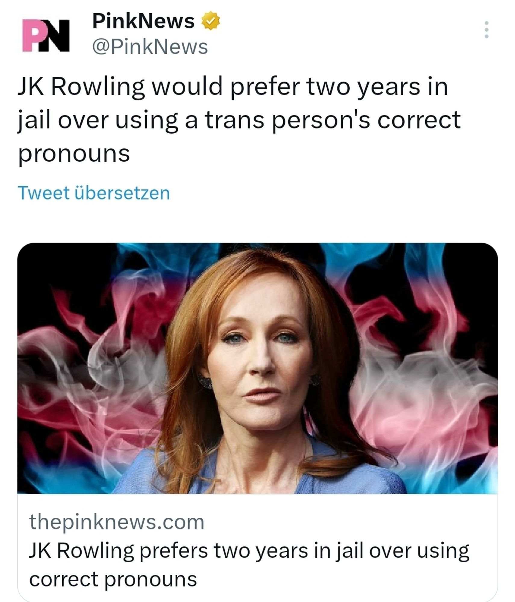 headline reading JK Rowling would prefer two years in jail over using a trans person's correct pronouns