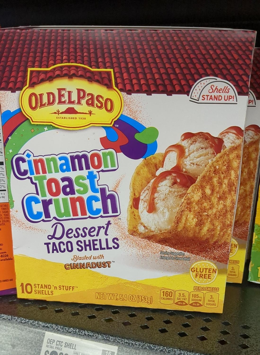 Old el paso cinnamon toast crunch dessert taco shells. Blasted with cinnadust.