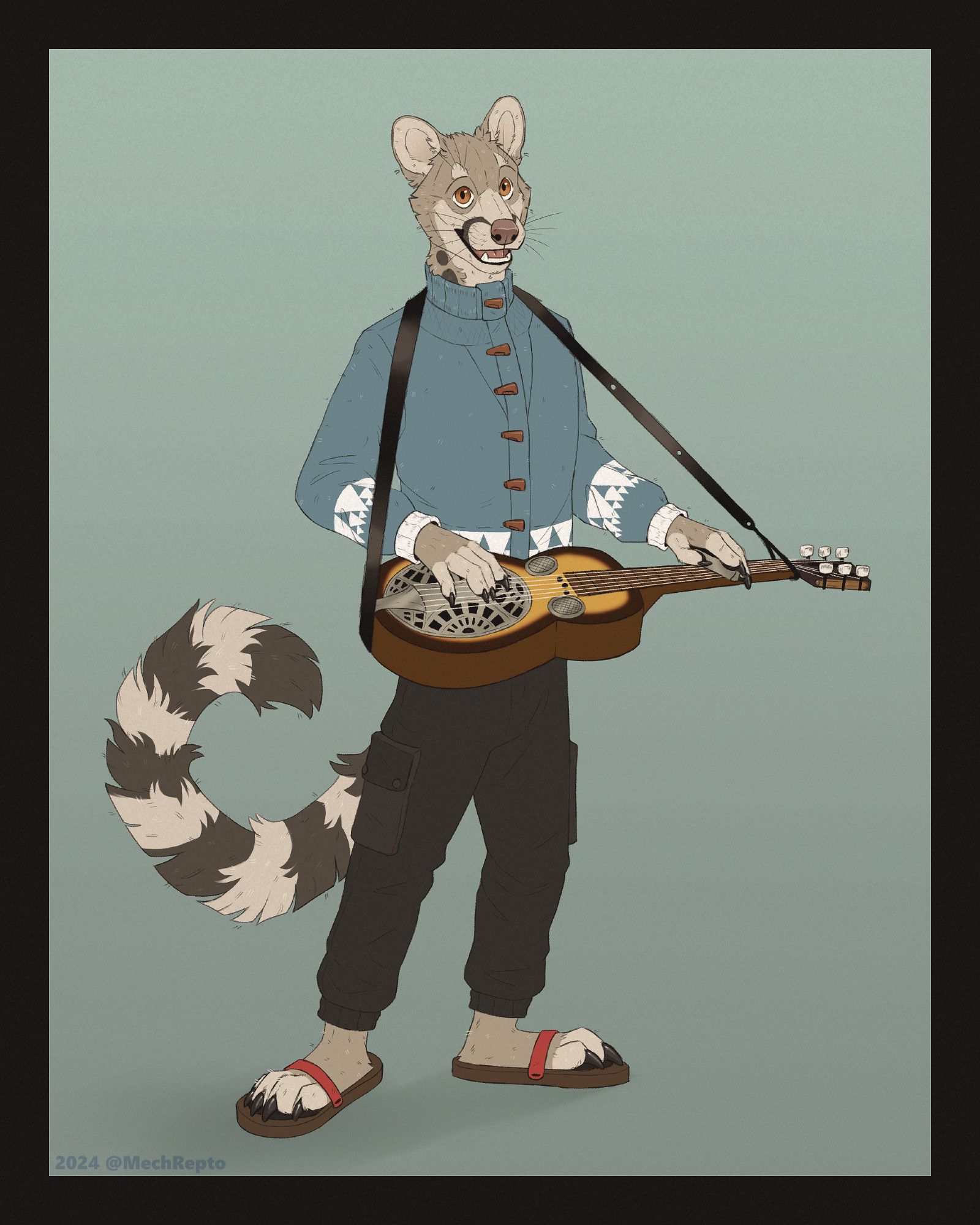 Taray, an anthropomorphic genet, looking cheerful, wearing a blue cardigan, black cargo pants and sandals, while playing dobro guitar (acoustic steel guitar with a resonator.)