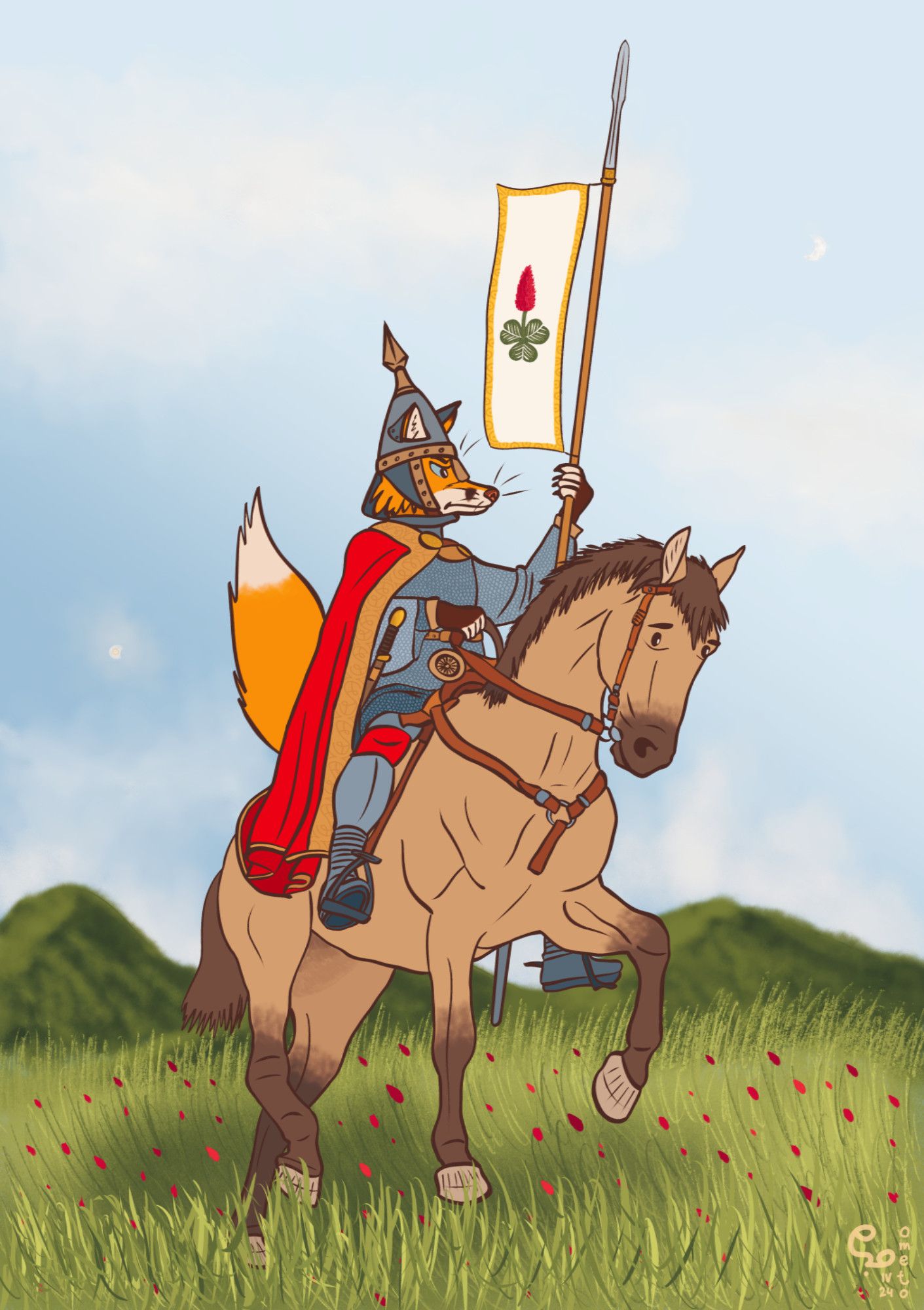 A medieval-looking red fox knight mounted on a buckskin warhorse in a flowered prairie in spring. Conical spiked helmet, chainmail and red cape. A sword at his side. Carries a spear adorned with a white banner with a crimson clover emblem. Two moons can be seen in the sky. Wooded hills in the background.