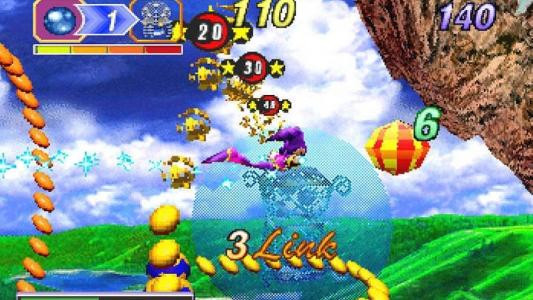 A screenshot from NiGHTS into dreams. It shows NiGHTS flying through a ring.