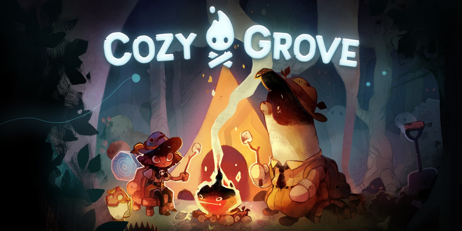 A cover for Spry Fox's Cozy Grove. It is a dark scene with two figures sitting around a smiling campfire. One is a Spirit Scout, a small human, wearing camping gear; opposite them is Ranger Bear, a ghost of a former resident of the island.