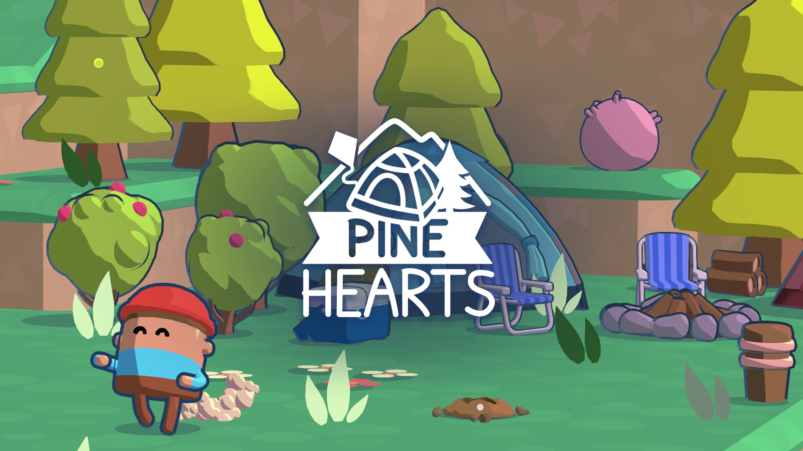 A cover for Hyper Luminal's Pine Hearts. It shows a campsite scene with campfire, tent, and trees, with the protagonist merrily walking in the foreground.