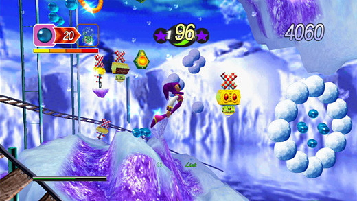 A screenshot from NiGHTS into dreams. It shows NiGHTS flying through a snowy landscape.