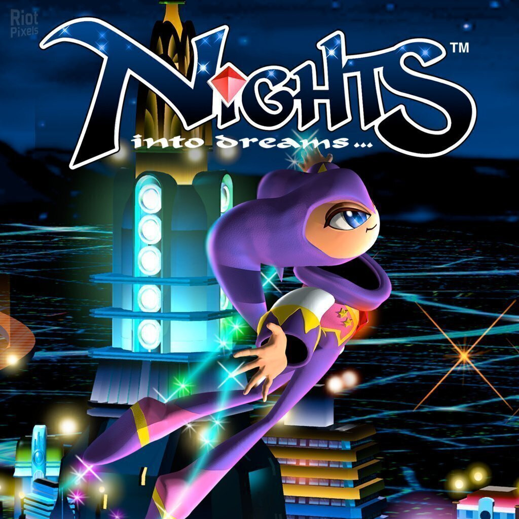 American cover art for NiGHTS into dreams. It shows the titular protagonist, a purple flying jester, flying over the cityscape of Twin Seeds, with the Empire State Building-like Twin Seeds Tower in the background.