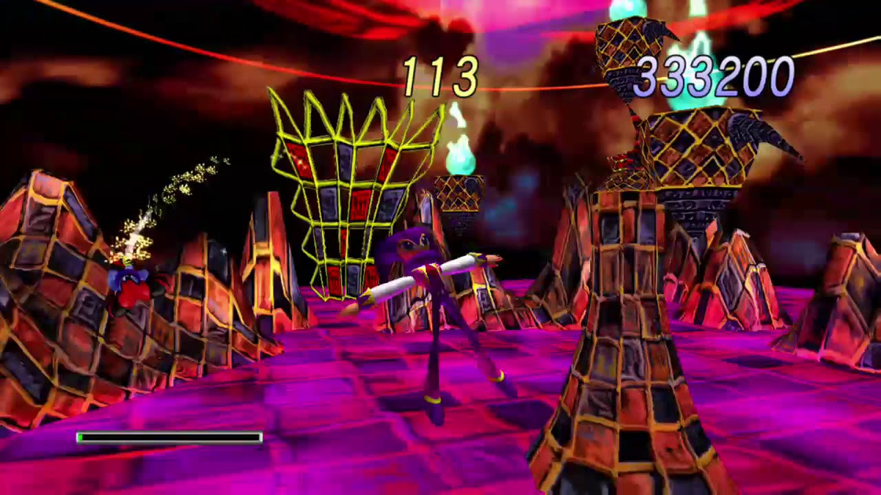 A screenshot from NiGHTS into dreams. It shows NiGHTS fighting against Reala in Reala's boss stage.