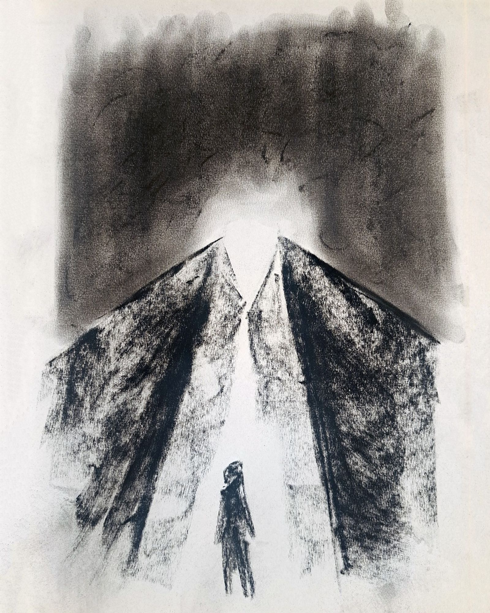 Charcoal drawing of a small figure facing clifflike high-rises.