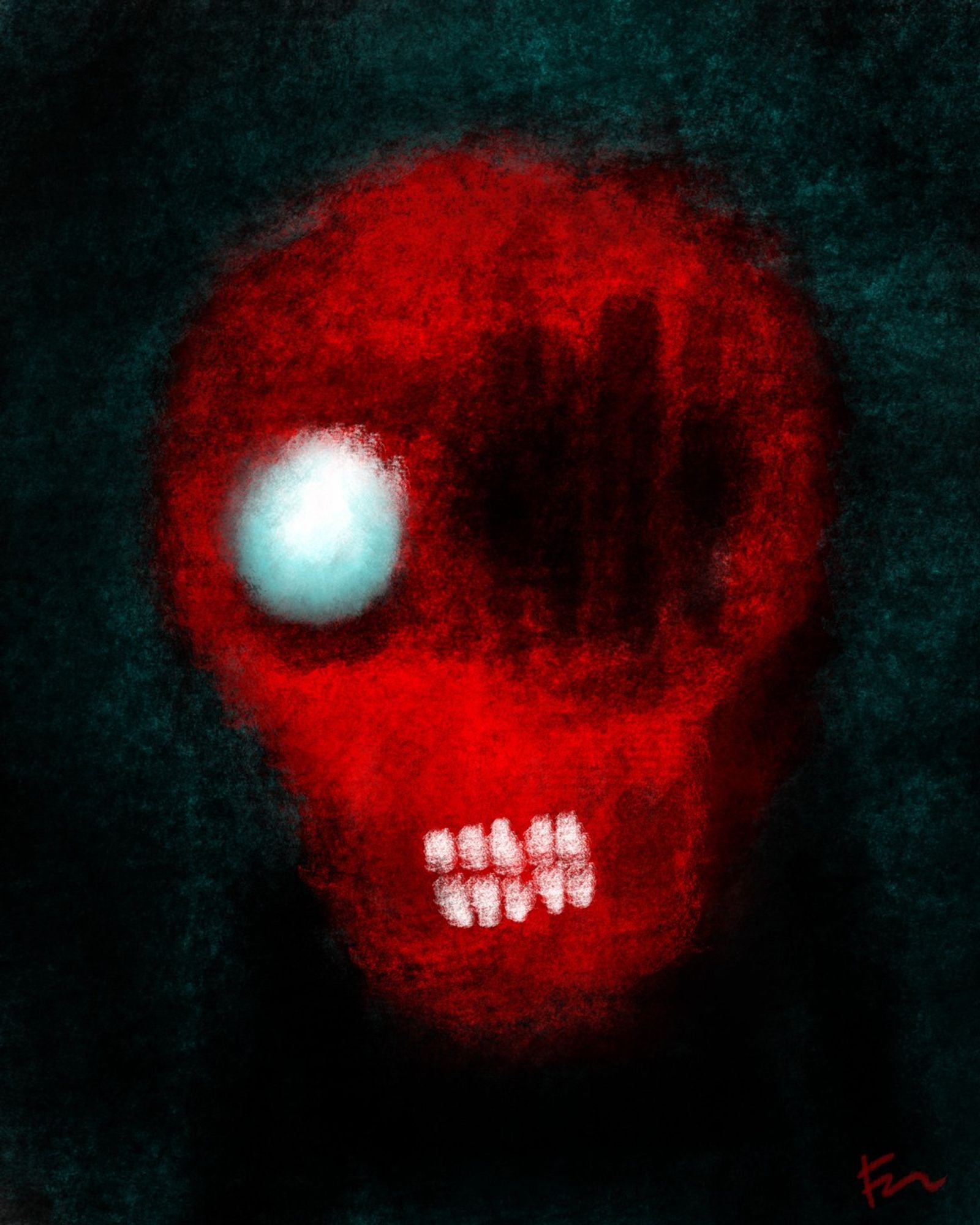 Creepy digital painting of a red skull with hungry teeth.