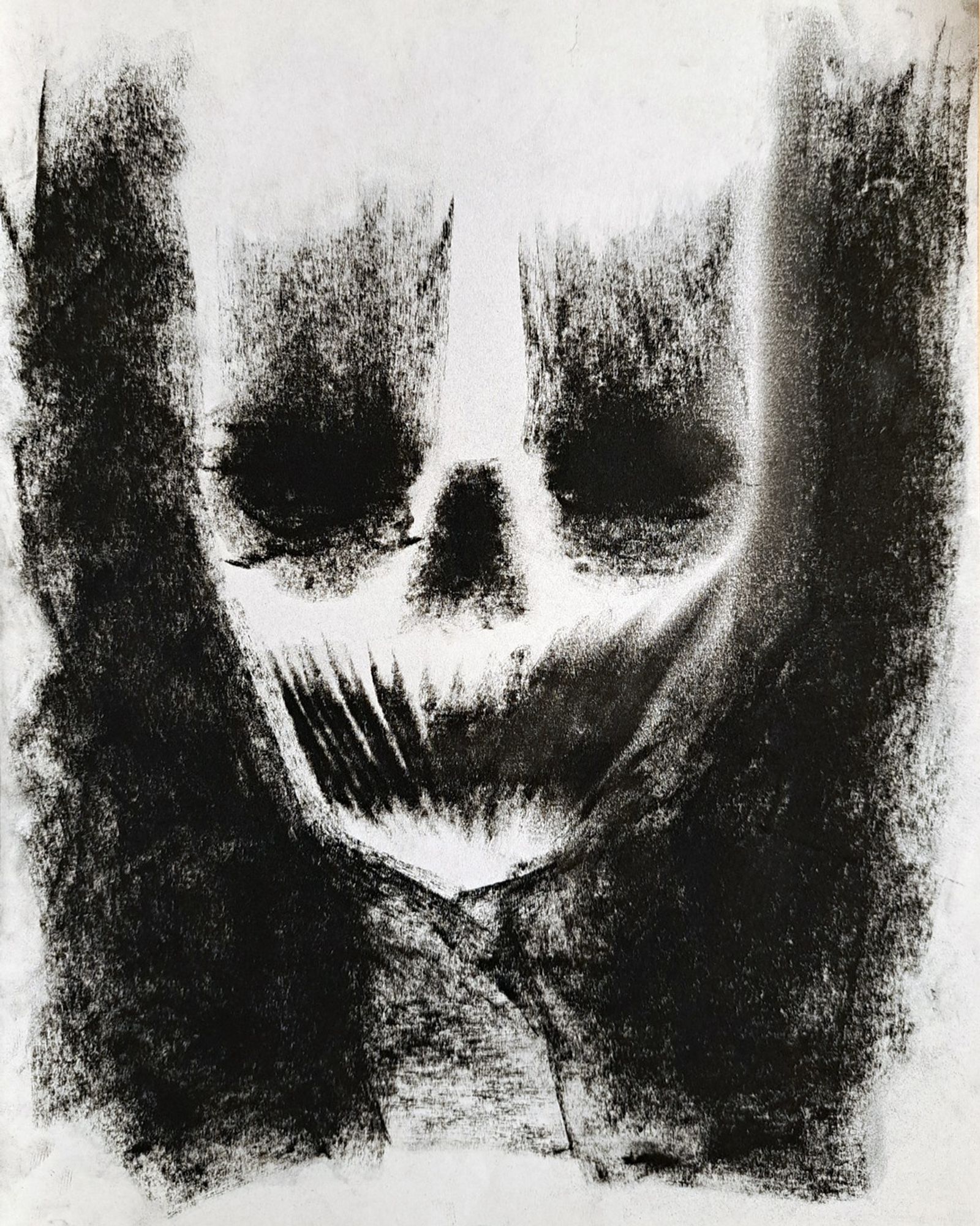 Spooky charcoal portrait of a delighted, ghost-like skeleton.