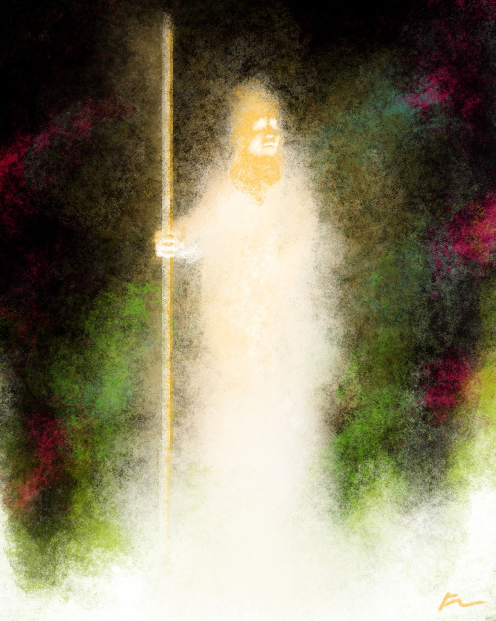 Eerie and colorful digital painting of a ghostly sentry standing guard.