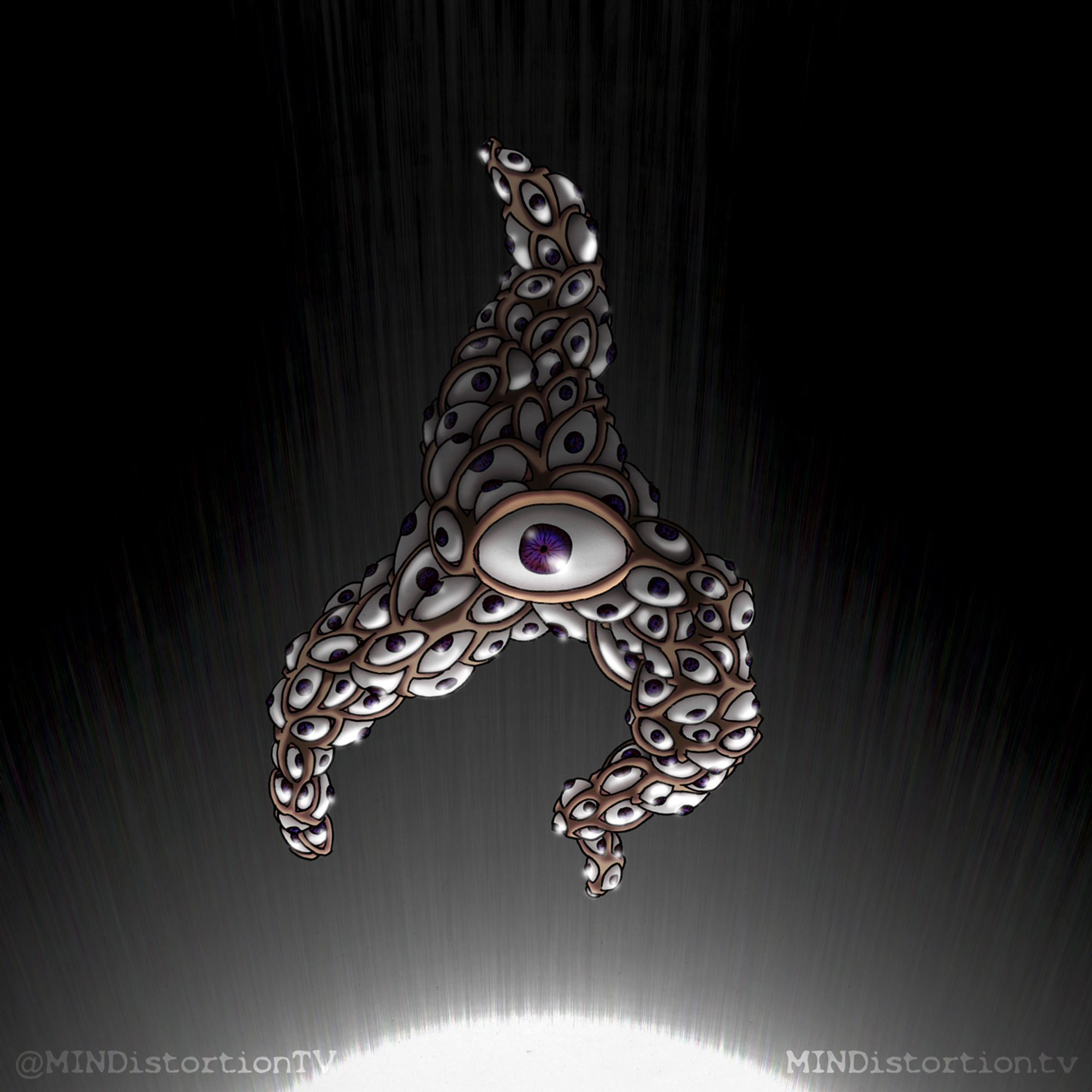 A strange tripod creature made out ouf eyes, floating in a void, bright lightning from below.