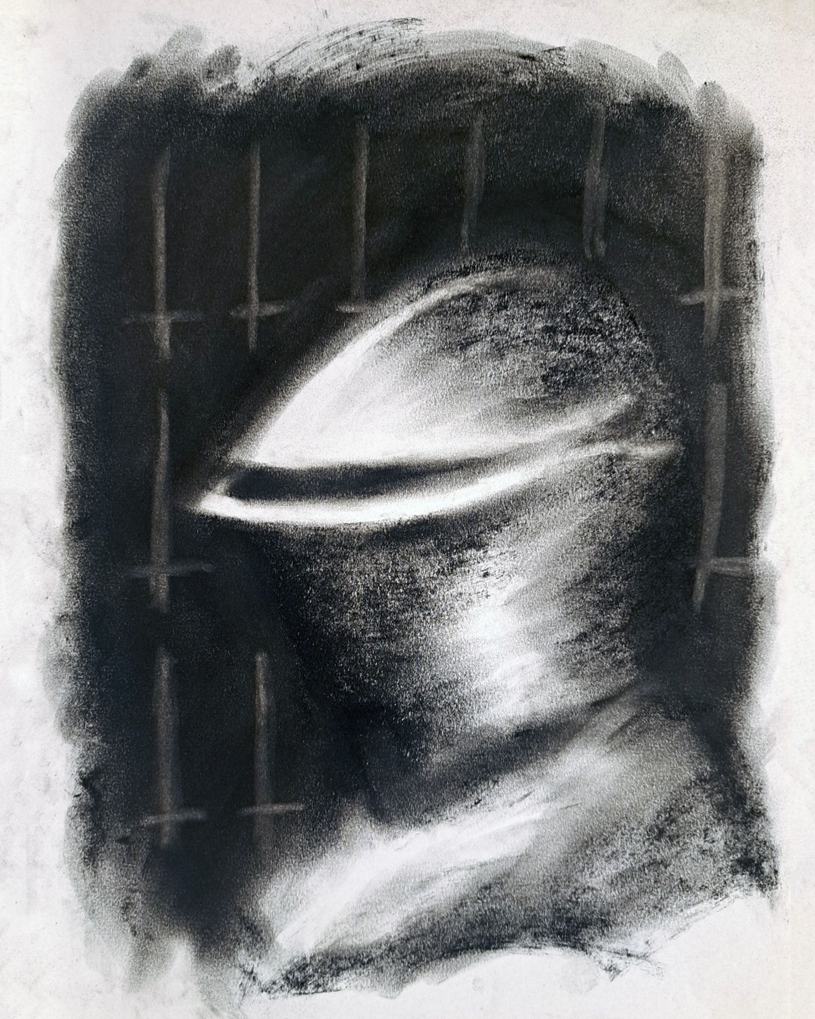 Somber charcoal portrait of a knight in full armor.