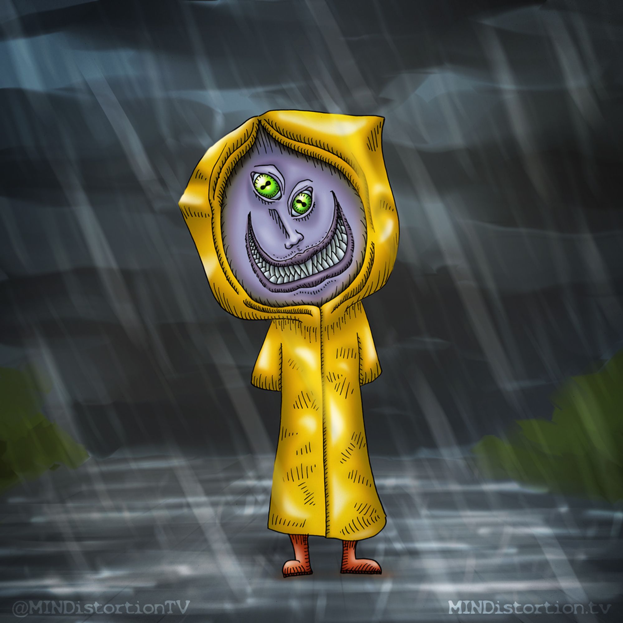 Digital drawing of a monster child wearing a yellow raincoat, standing in the middle of the street during an extreme downpour. Its face has an unnatural color, the eyes are displaced at weird angles and the teethy grin it flashes the viewer is wider than should be physically possible.