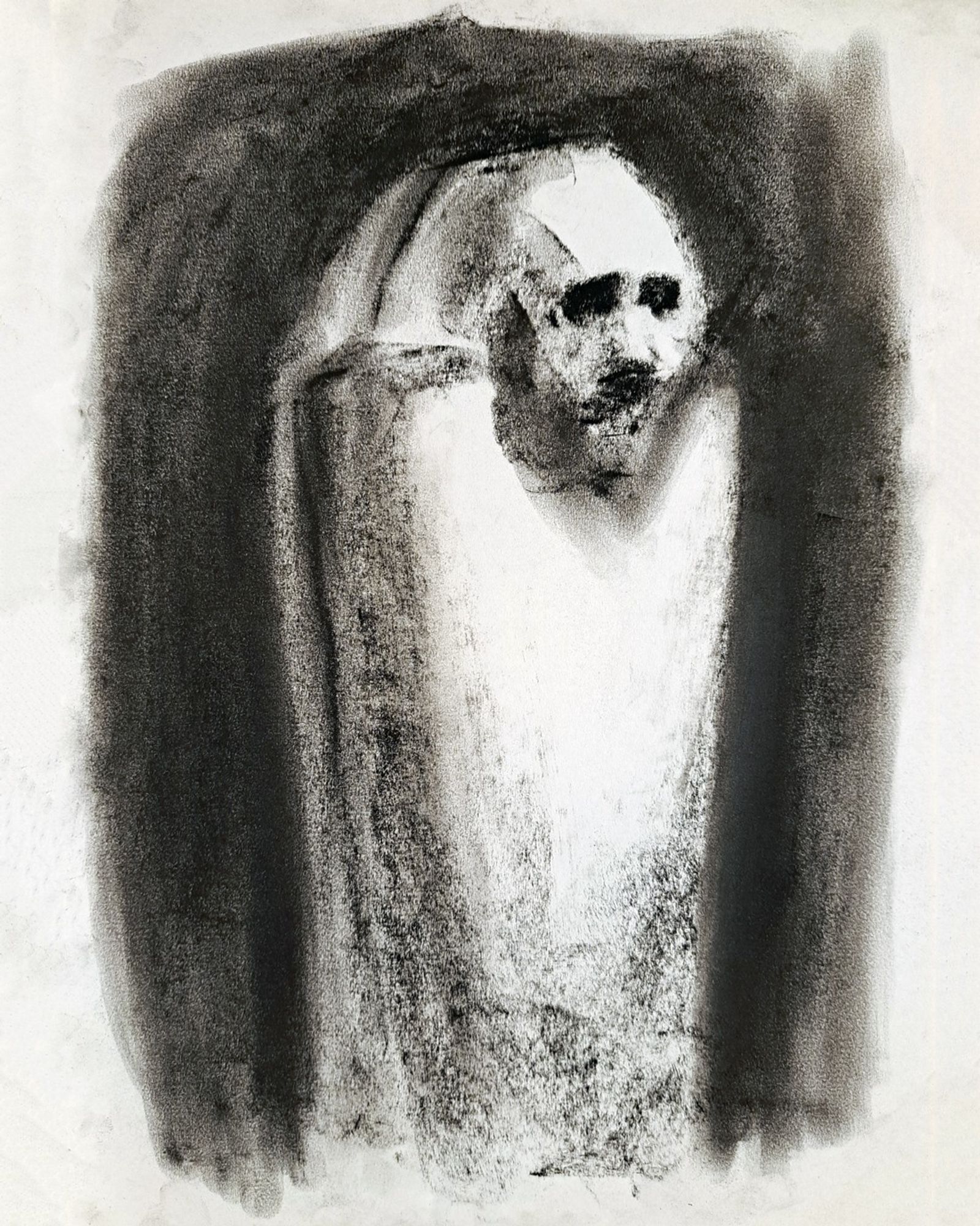 Eerie charcoal drawing of a sarcophagus.