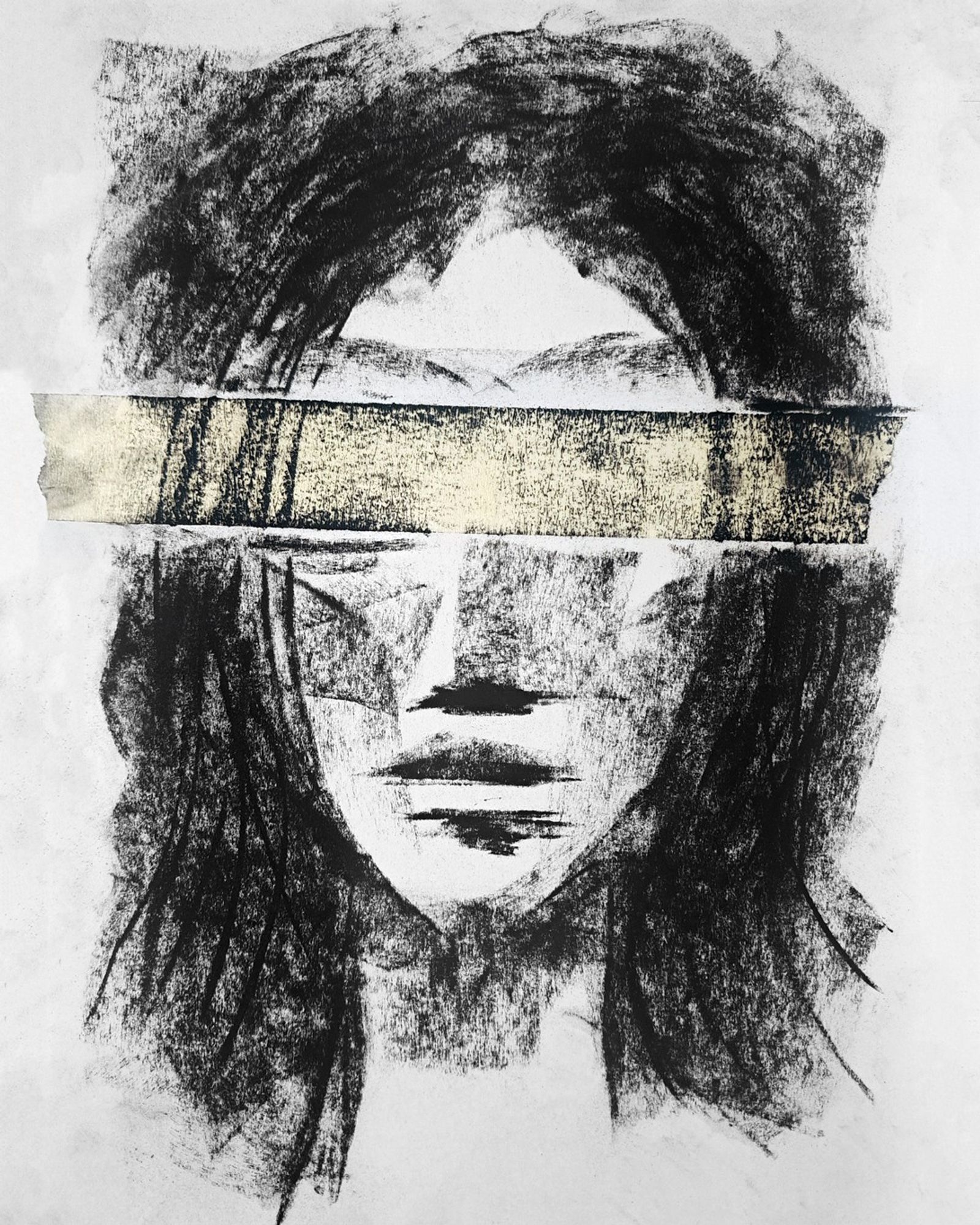 Mixed media charcoal portrait of a blindfolded woman.