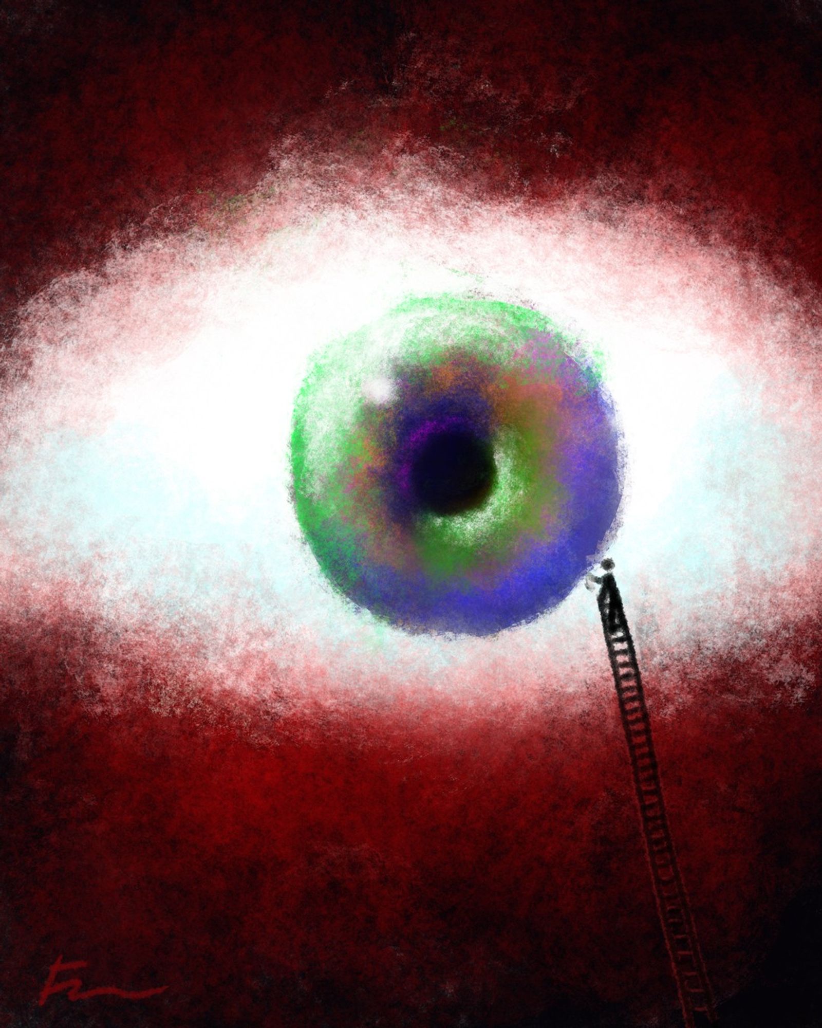 Slightly unsettling digital painting of a giant eye staring at the viewer, while being cleaned by a little guy on a ladder.