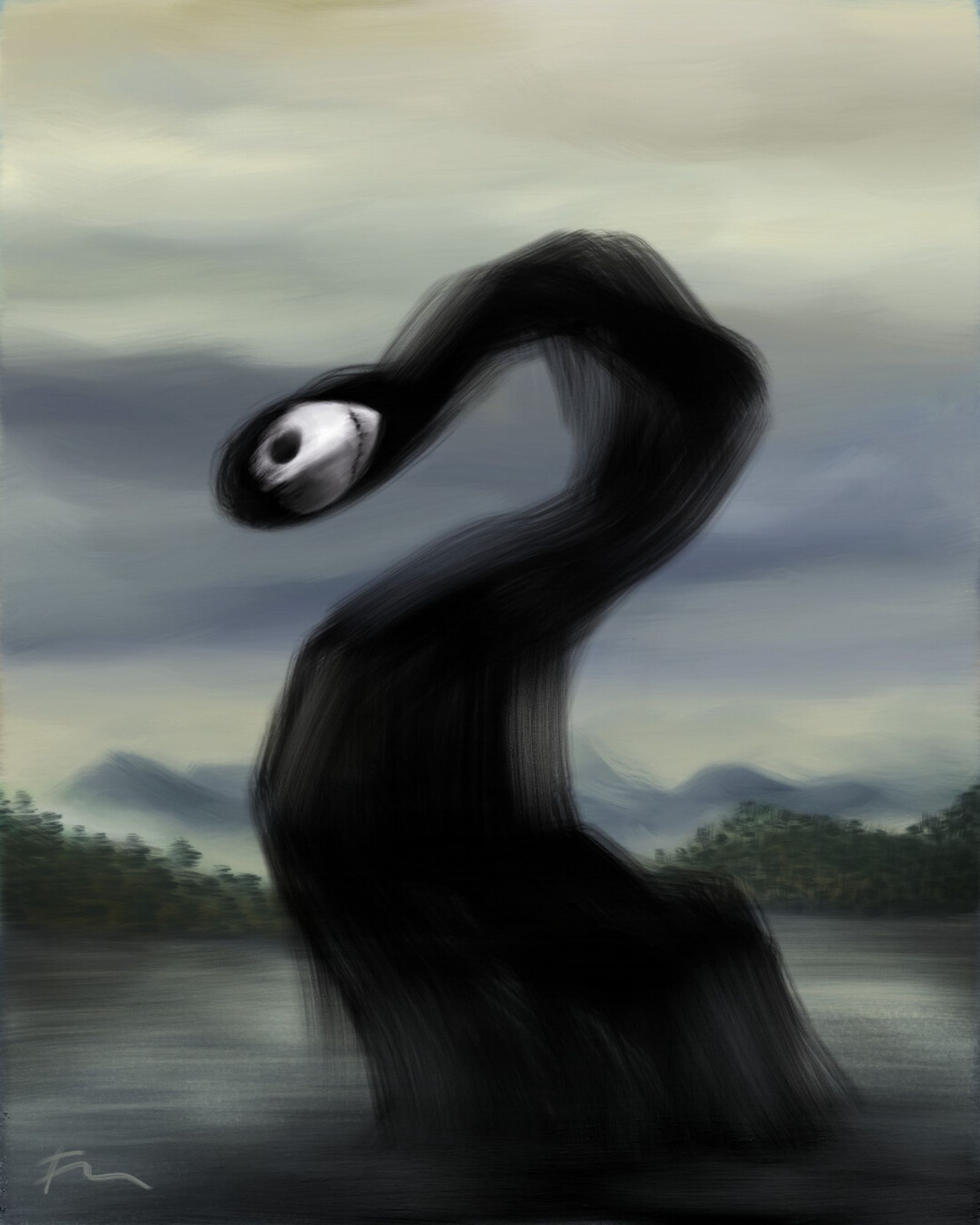 Digital painting of a pale witch's head, body entirely composed of long black hair, emerging from a drab lake in a vaguely tropical setting.