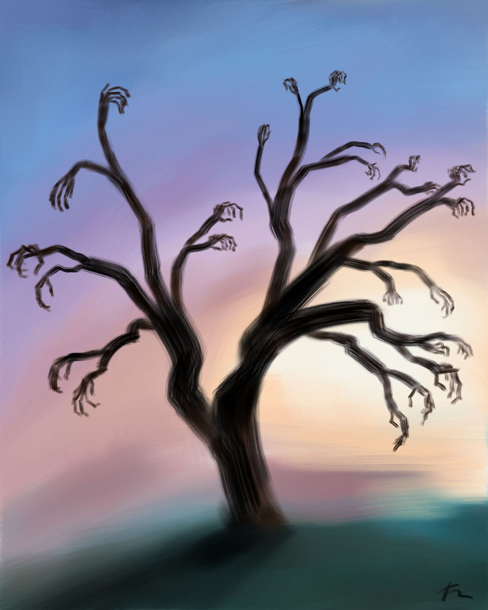 Digital painting of a dark tree with hands for branches in front of a sunny but hazy sky.