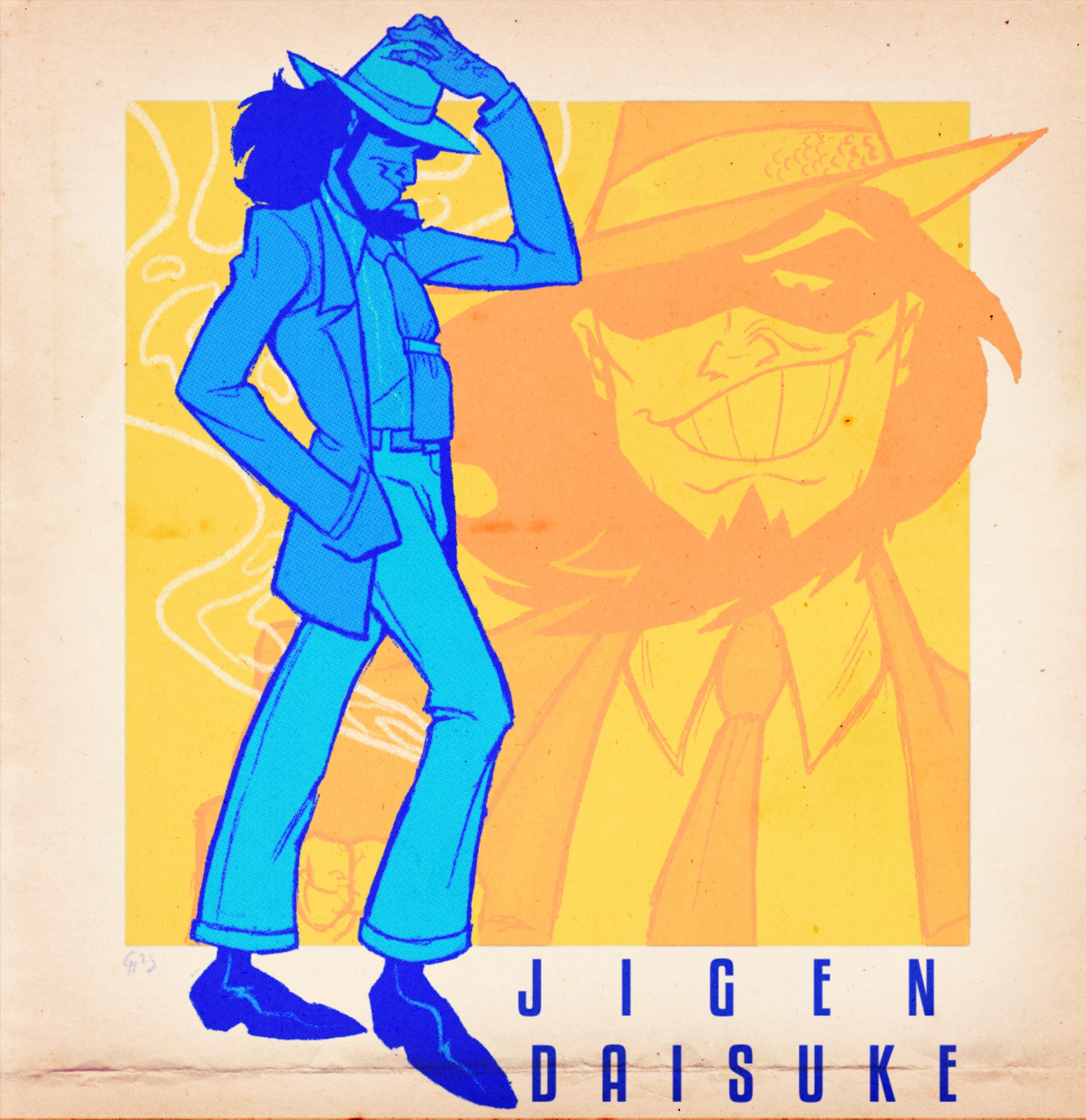 A drawing of Jigen Daisuke standing in profile, holding his hat and smiling. Behind him is a portrait of Jigen grinning and holding a cigarette. The text reads his name, Jigen Daisuke.