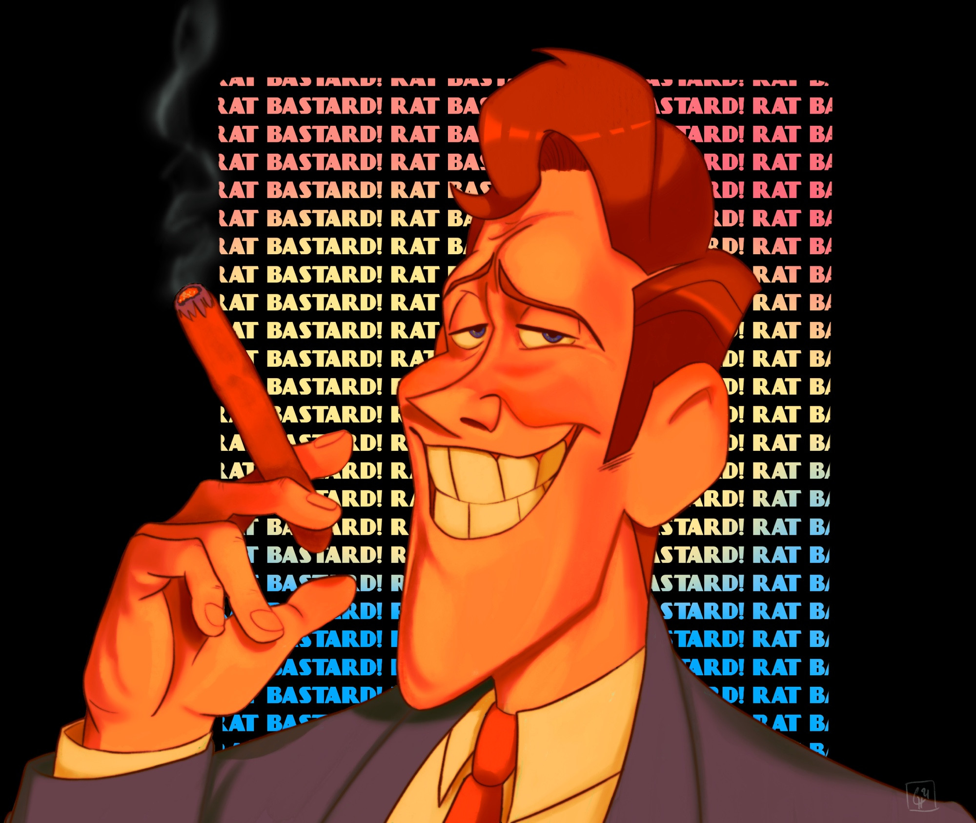 A bust portrait of Kent Mansley from The Iron Giant. He is grinning at camera and holding a smoldering cigar. The repeating text behind him reads "RAT BASTARD!" in a gradient of red, yellow, and blue.