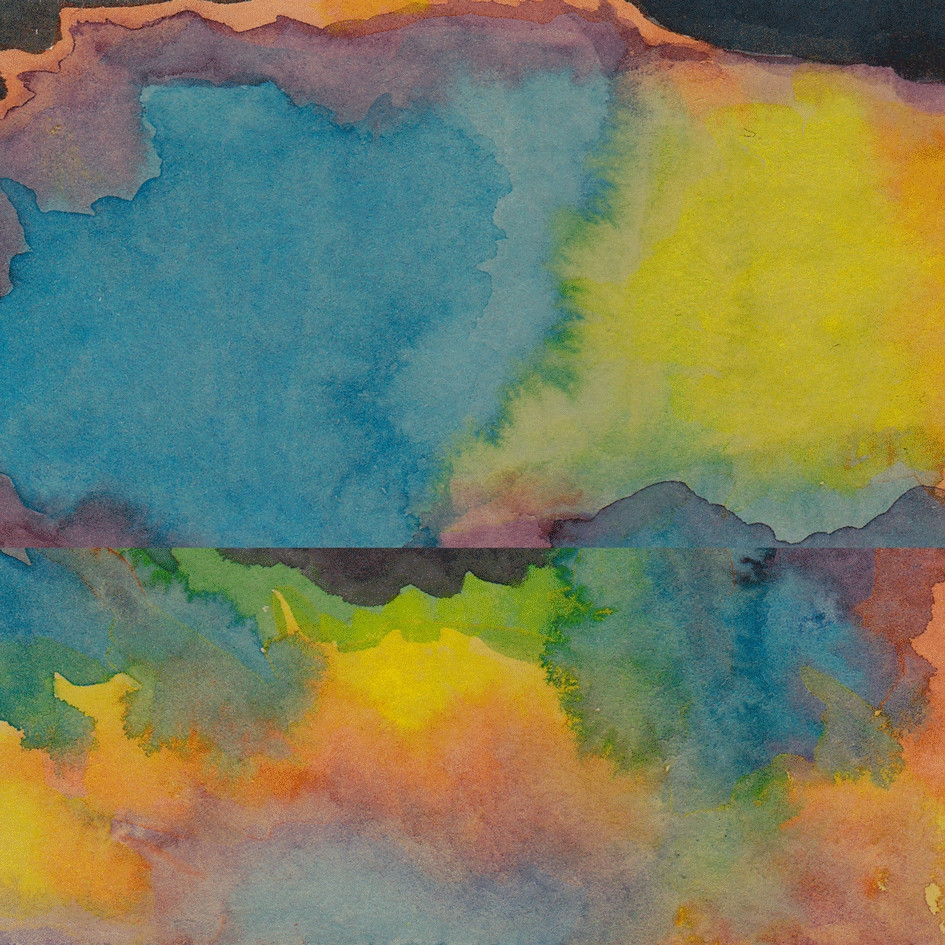 Closeup of an illustrated poetry page. Abstract watercolor inspired by spilled gasoline on concrete. 