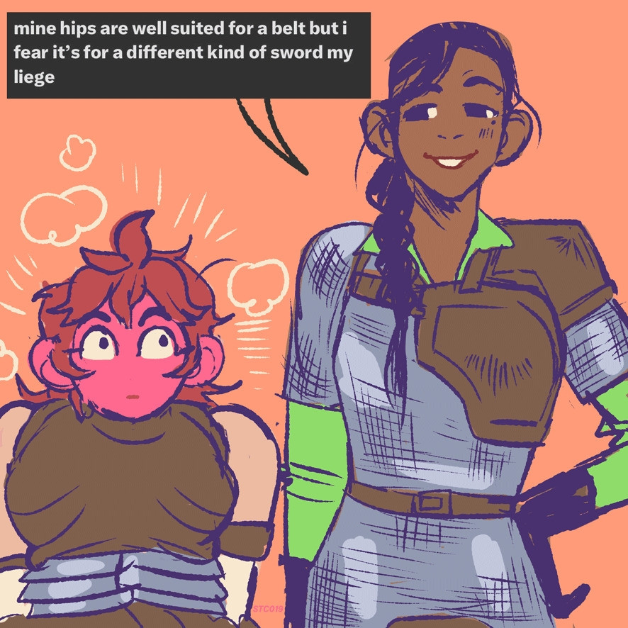 Third panel: we're back to Namari and Kiki standing next to each other. Kiki, clearly amused, cheekily replies: "mine hips are well suited for a belt but I fear it's for a different kind of sword my liege". Namari gets fully red in my face at the innuendo. 