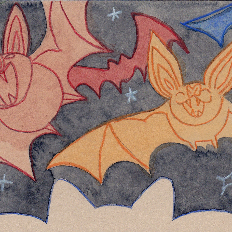 Closeup of an illustrated page of painted bats smiling. 