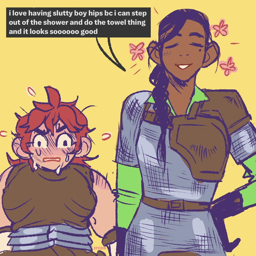 A comic strip of 3 panels depicting two characters from Dungeon Meshi. This is first panel: Kiki and Namari are standing next to each other, and Kiki says: "I love having slutty boys hips because I can step out of the shower and do the towel thing and it looks soooo good". Namari is visibly flustered at her words. 