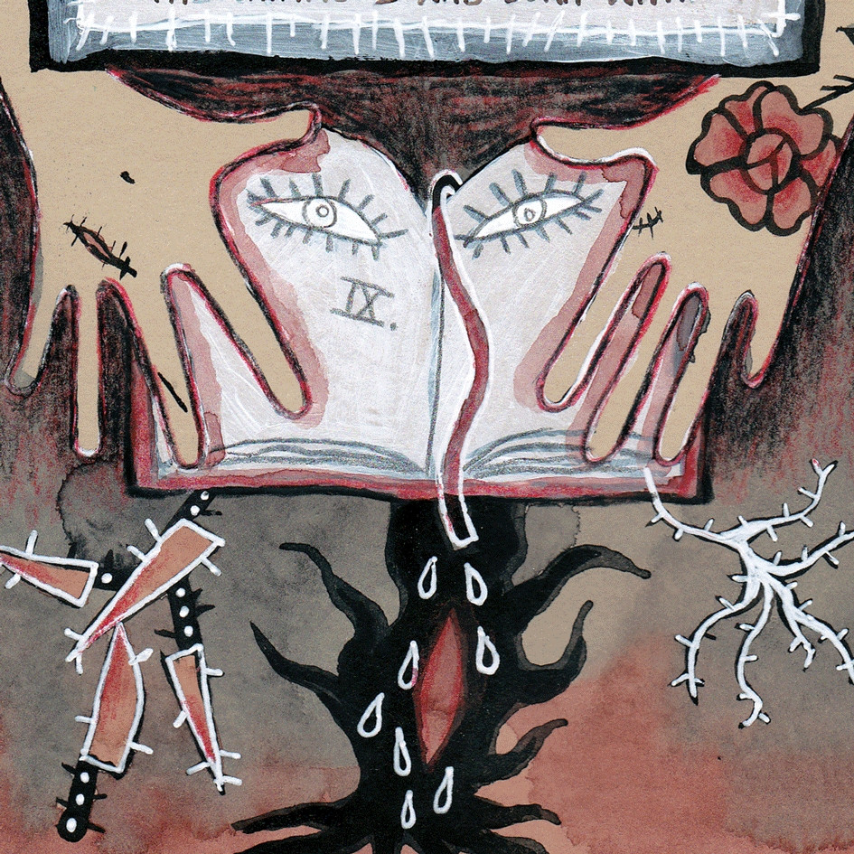 Closeup of an illustrated poetry page, of a watercolor and colored pencils drawing of two hands over an open book with black blood, knifes and thorns coming out of it. 