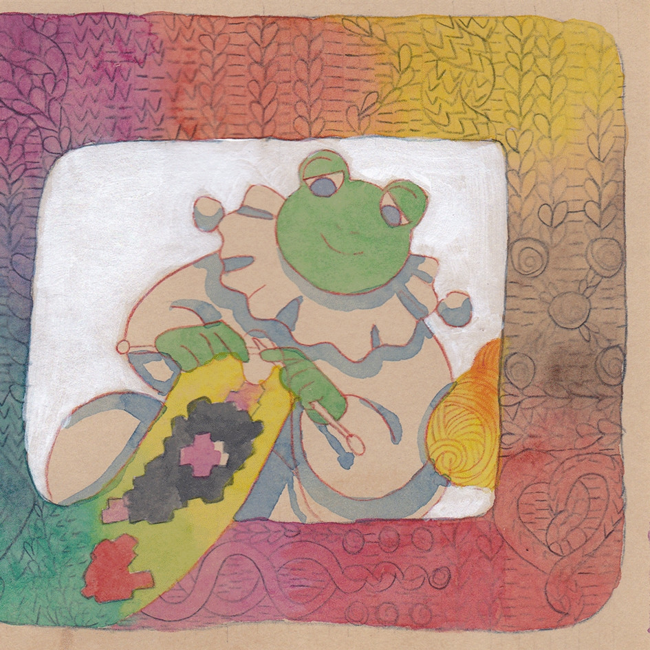 Closeup of an illustrated poetry page, of a watercolor humanoid frog knitting a scarf with a pattern of a rat and a heart on it. The frog is wearing a Pierrot white costume. 