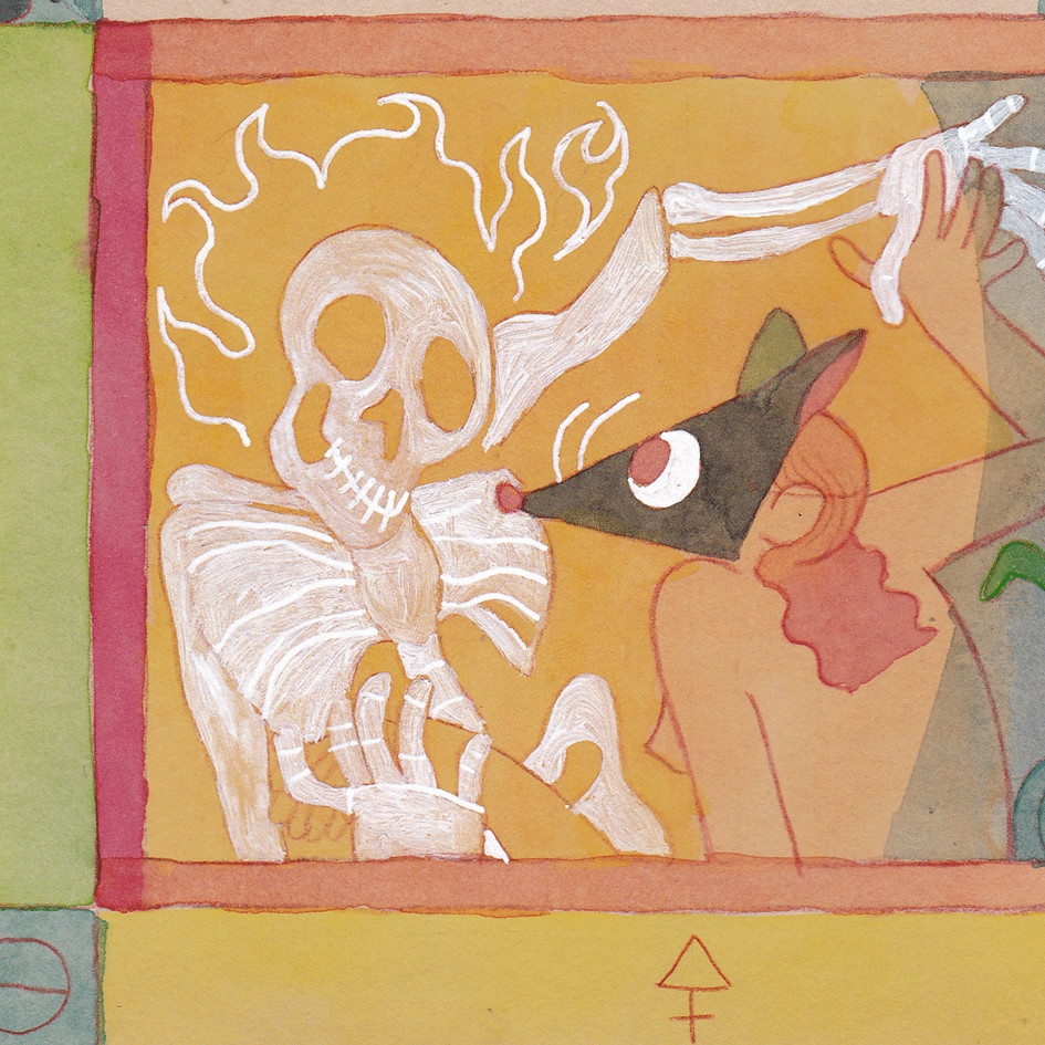 Closeup of an illustrated poetry page, of a watercolor illustration of a skeleton and a masked person dancing. The mask is of a black rat face, with big red eyes. The skeleton's skull is on fire, they're both naked. 