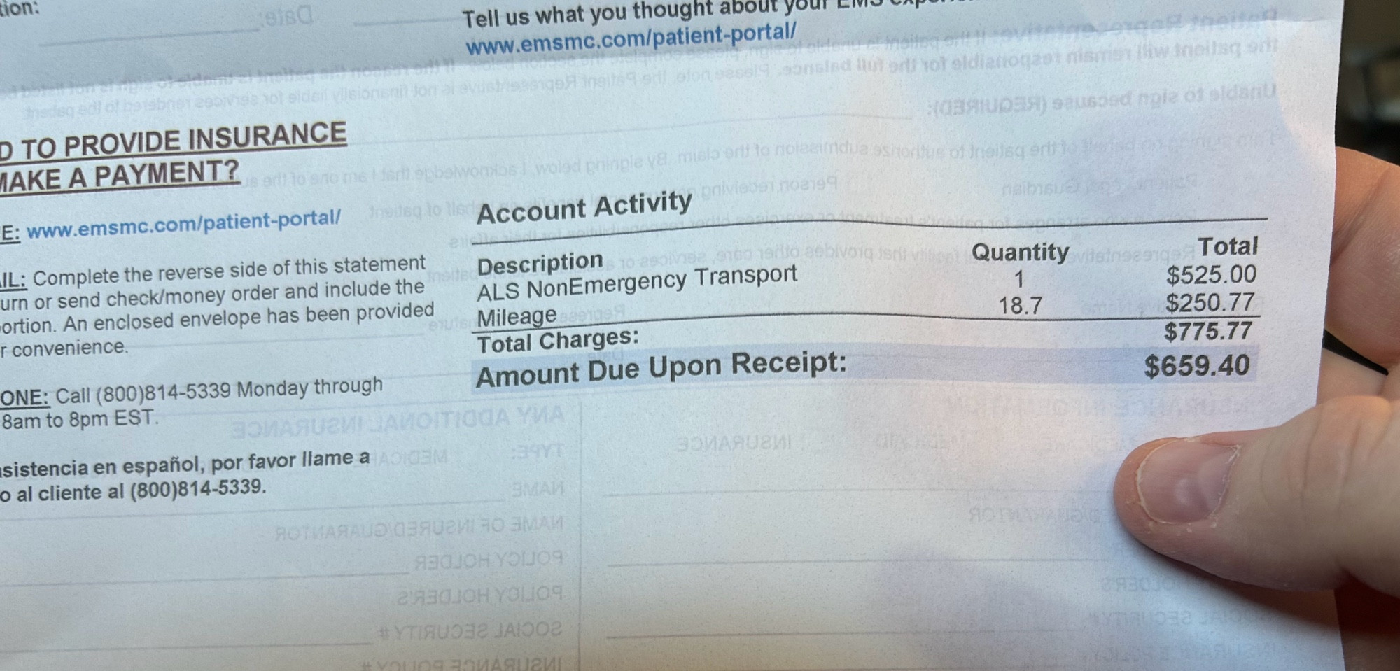 A photo of someone holding a bill for an ambulance transport performed on June the 5th 2024z it reads that the transport was ALS Non Emergency, quantity 1 for $525, mileage was 16.7 for $250.77
Total charges were $775.77, amount due on receipt $659.40.
The OP has paid $159 of their own money and only needs $500
