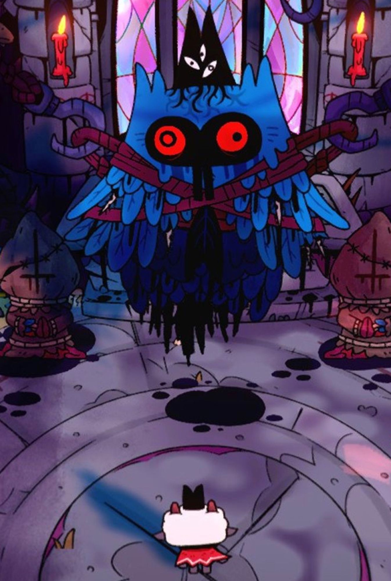 A still from cult of the lamb depicting chemach, an immense bird woman whose power half seemed to have been bloodily gnawed or chewed off, suspended on chained hooks from the ceiling, and wearing an eldritch crown whose roots dig into her skull. She is in a chapel or church with stained glass window, and many relics made from body parts and burlap are strewn around the room, some resembling people. The lamb interacts with her to gain a relic to use in the fight against the Bishops of the Old Faith