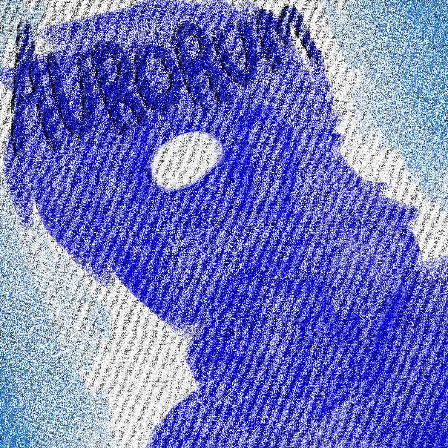 A drawn silhouette of a man with long hair that is blue, save for his eye, which is an off-white blue. The background is blue and white, like a light is behind him. In darker blue text, in the top left, it says "Aurorum".