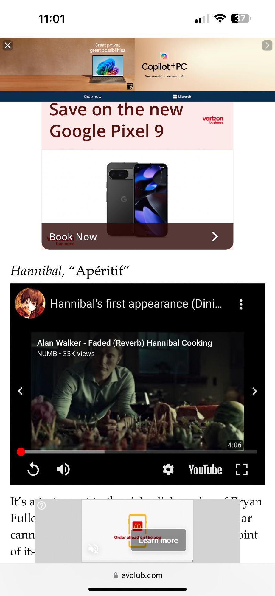 Screenshot of TheAvClub showing four different ads on a mobile screen.