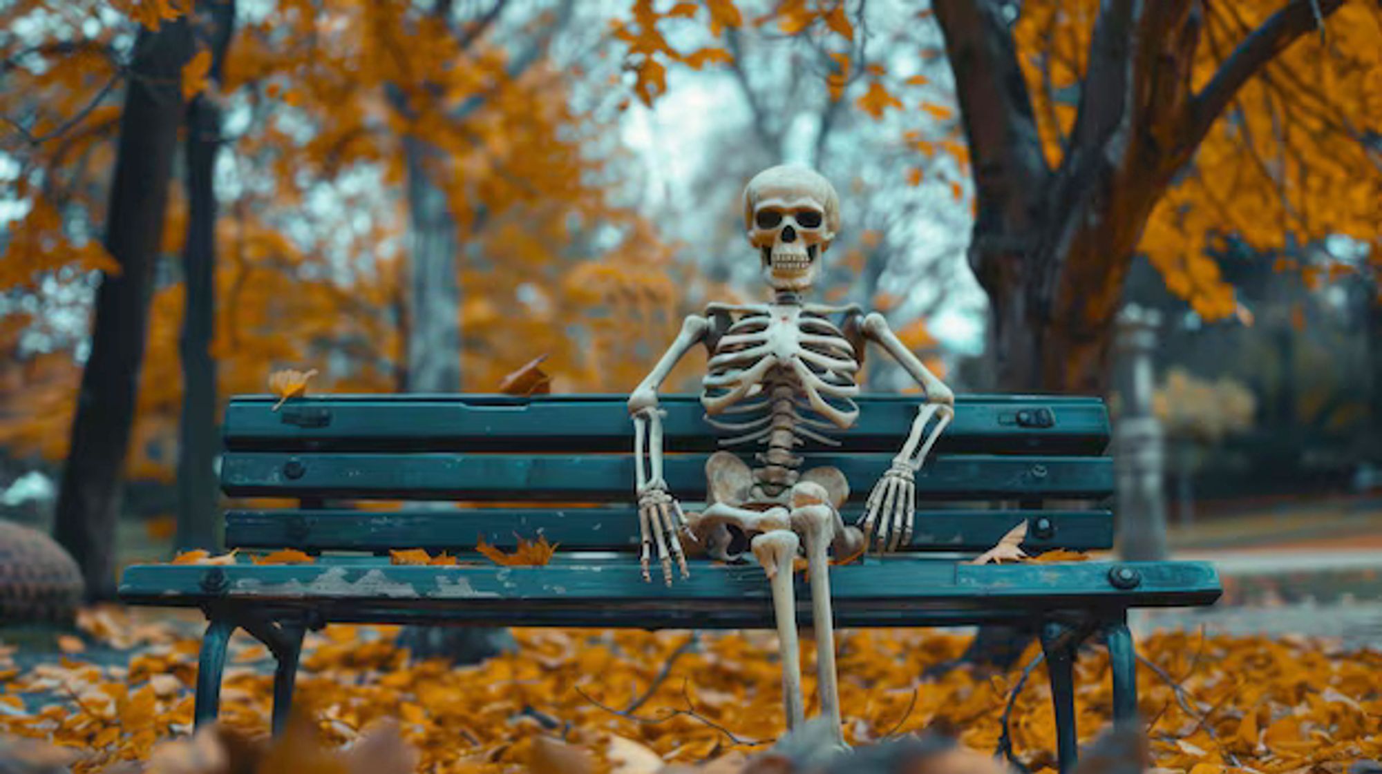 A skeleton sitting on a park bench