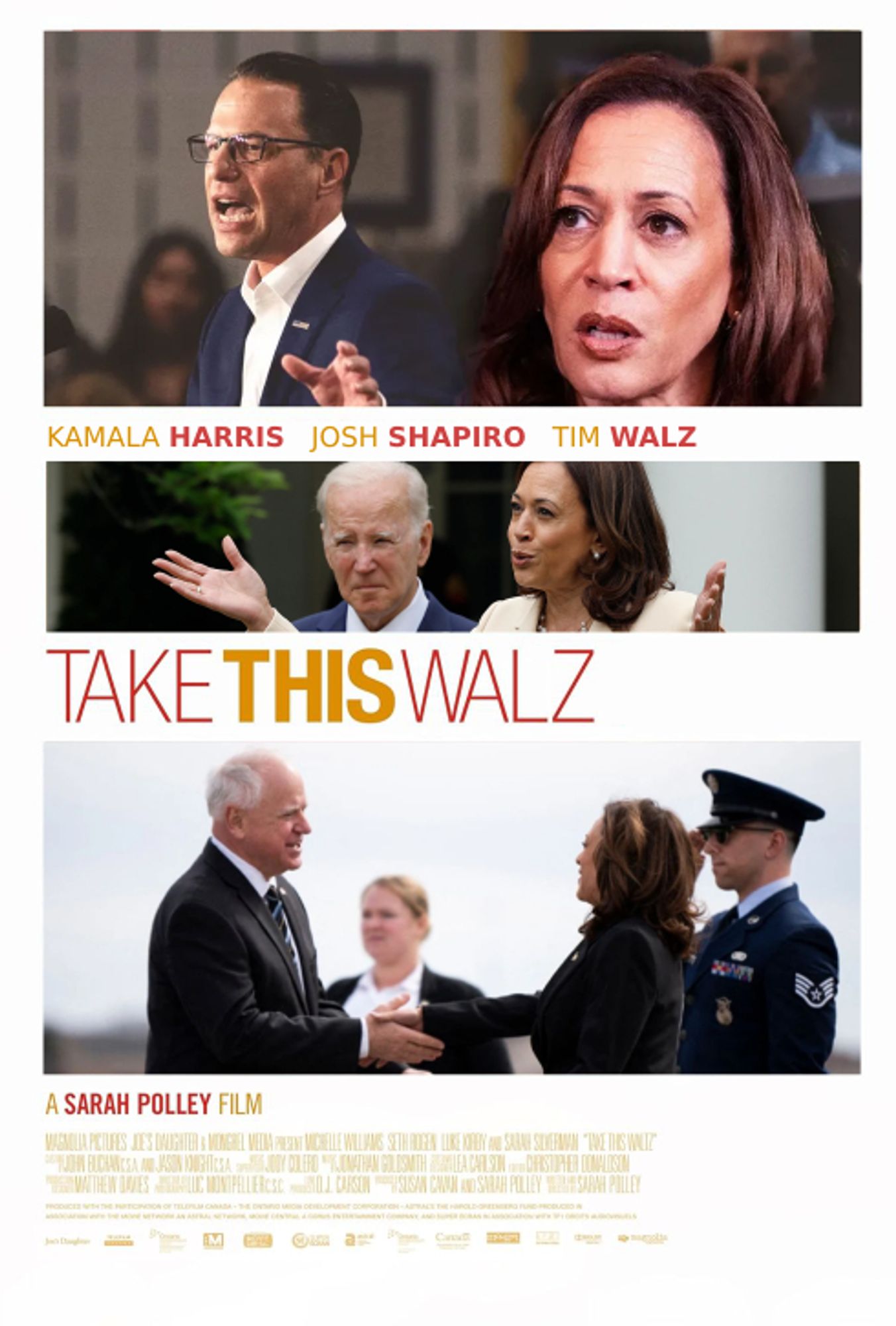 The poster for Sarah Polley's "Take This Waltz" photoshopped to say "Take This Walz" and to show several pictures of Kamala Harris and Tim Walz