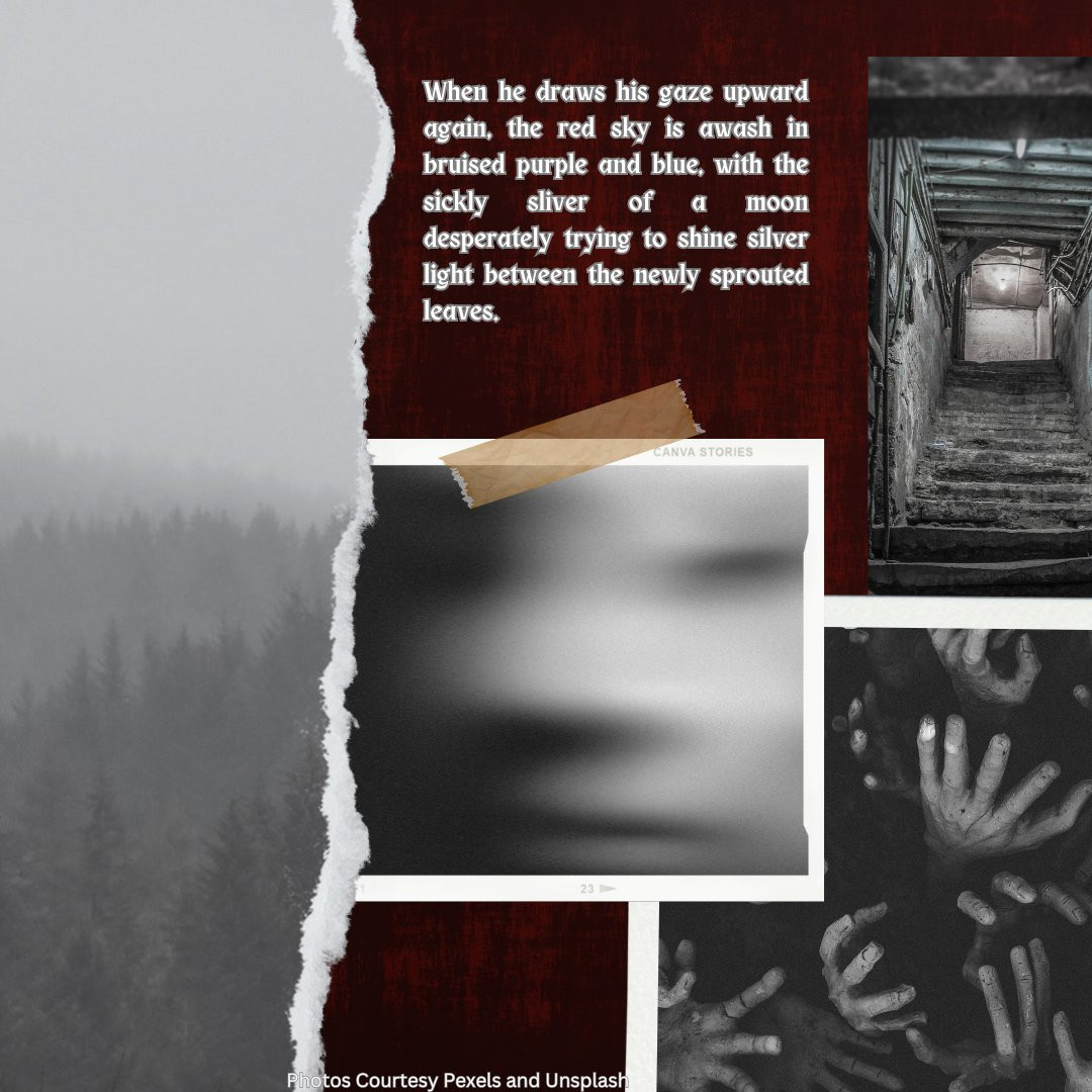 A collage of four different pictures and a background. Background is a textured dark red and black. From left to right (all in black and white):

A misty forest
A blurry face
A dilapidated stairwell leading to an open door
Multiple hands reaching up in desperation

Text reads: When he draws his gaze upward again, the red sky is awash in bruised purple and blue, with the sickly sliver of a moon desperately trying to shine silver light between the newly sprouted leaves.