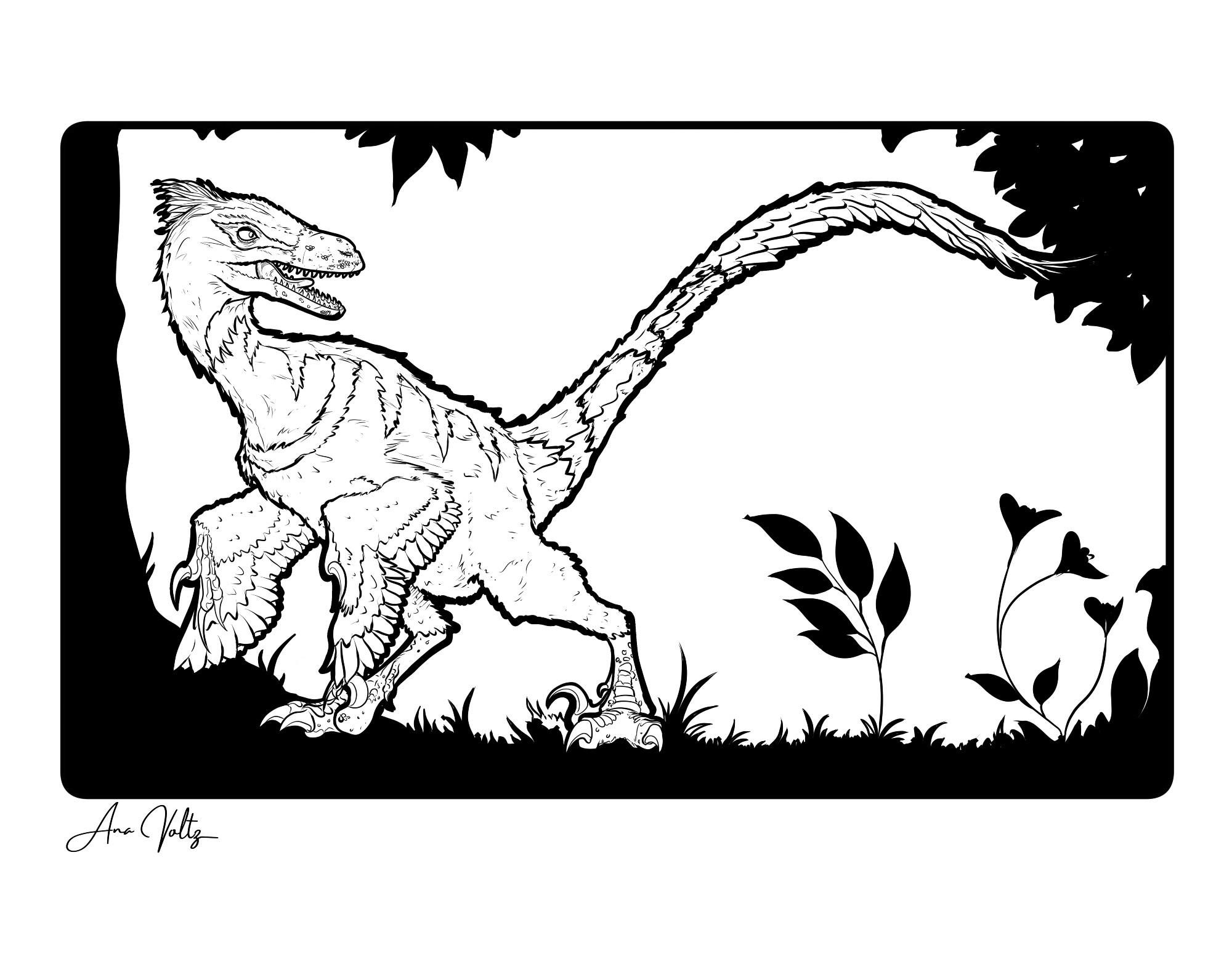 A digital ink drawing of a velociraptor. The velociraptor has its head turned, looking backwards, framed by silhouetted vegetation.