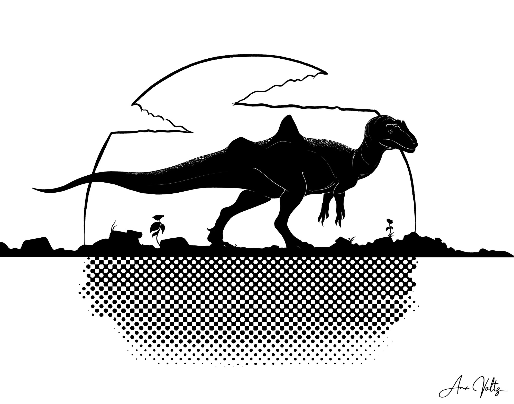 A digital ink drawing featuring a concavenator silhouetted against a setting sun, all in black and white.