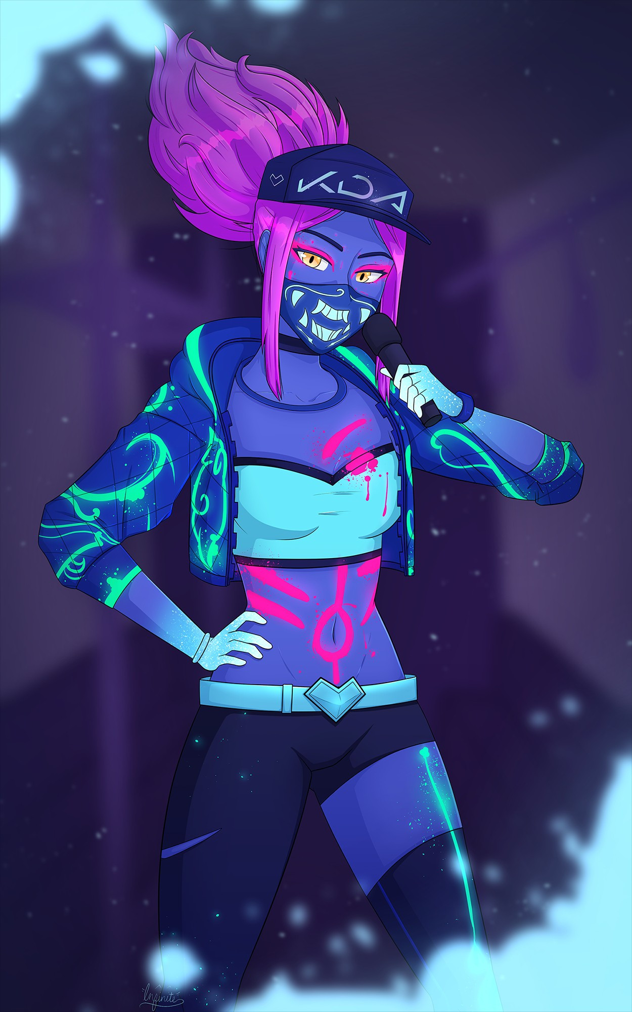 K/DA Akali fanart of her standing in the subway train holding up her mic, hand on her hip.